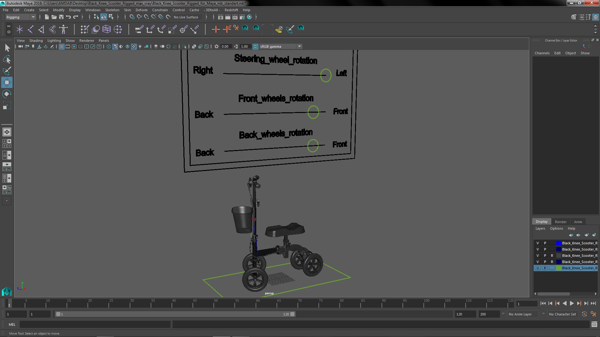 Black Knee Scooter Rigged for Maya 3D model