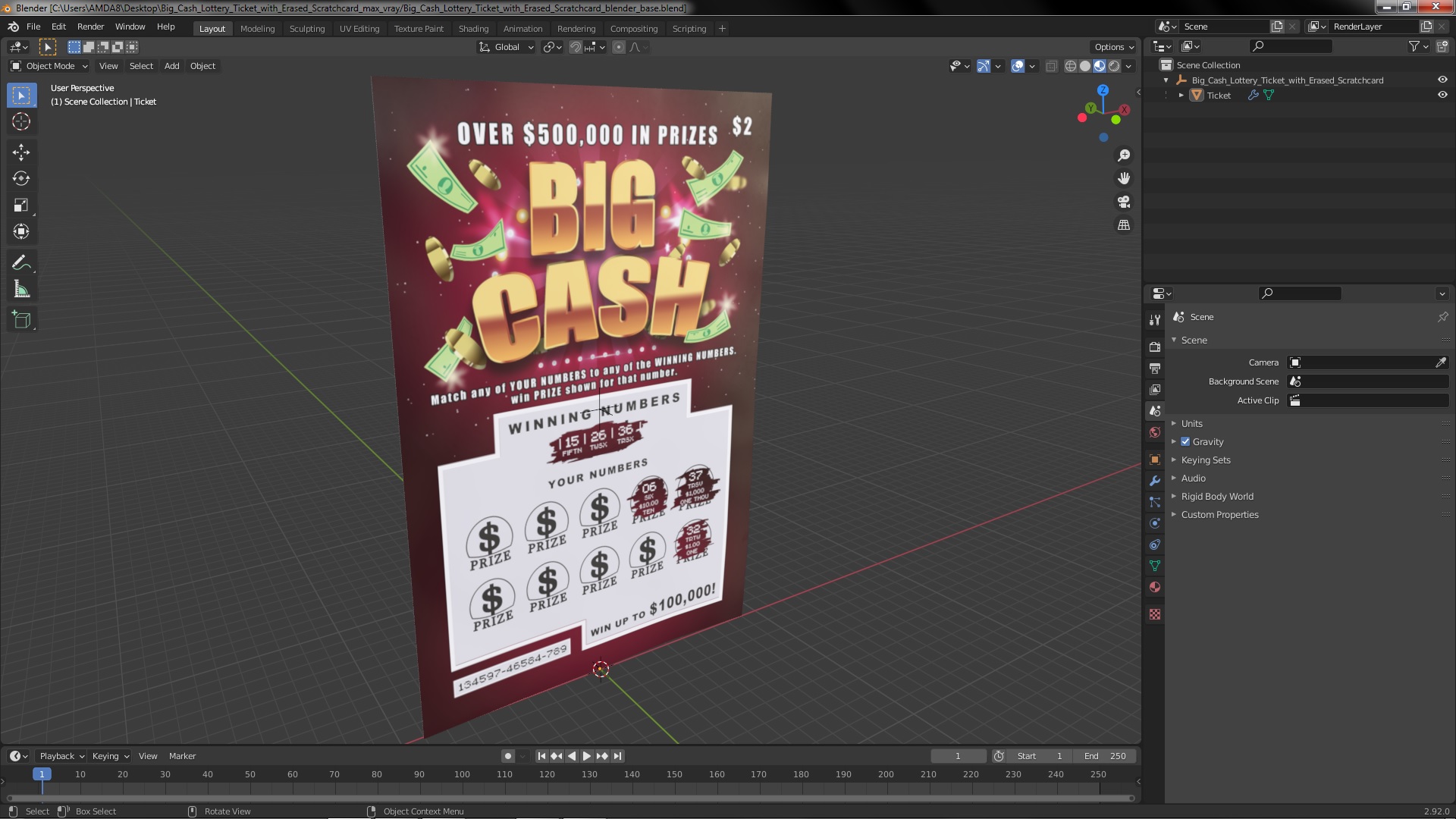 Big Cash Lottery Ticket with Erased Scratchcard 3D