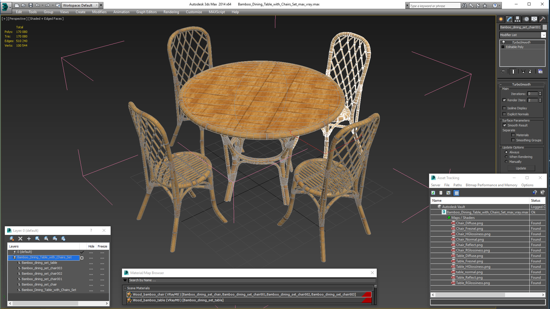 3D model Bamboo Dining Table with Chairs Set