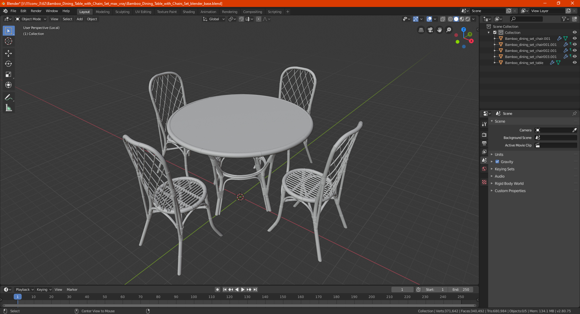 3D model Bamboo Dining Table with Chairs Set