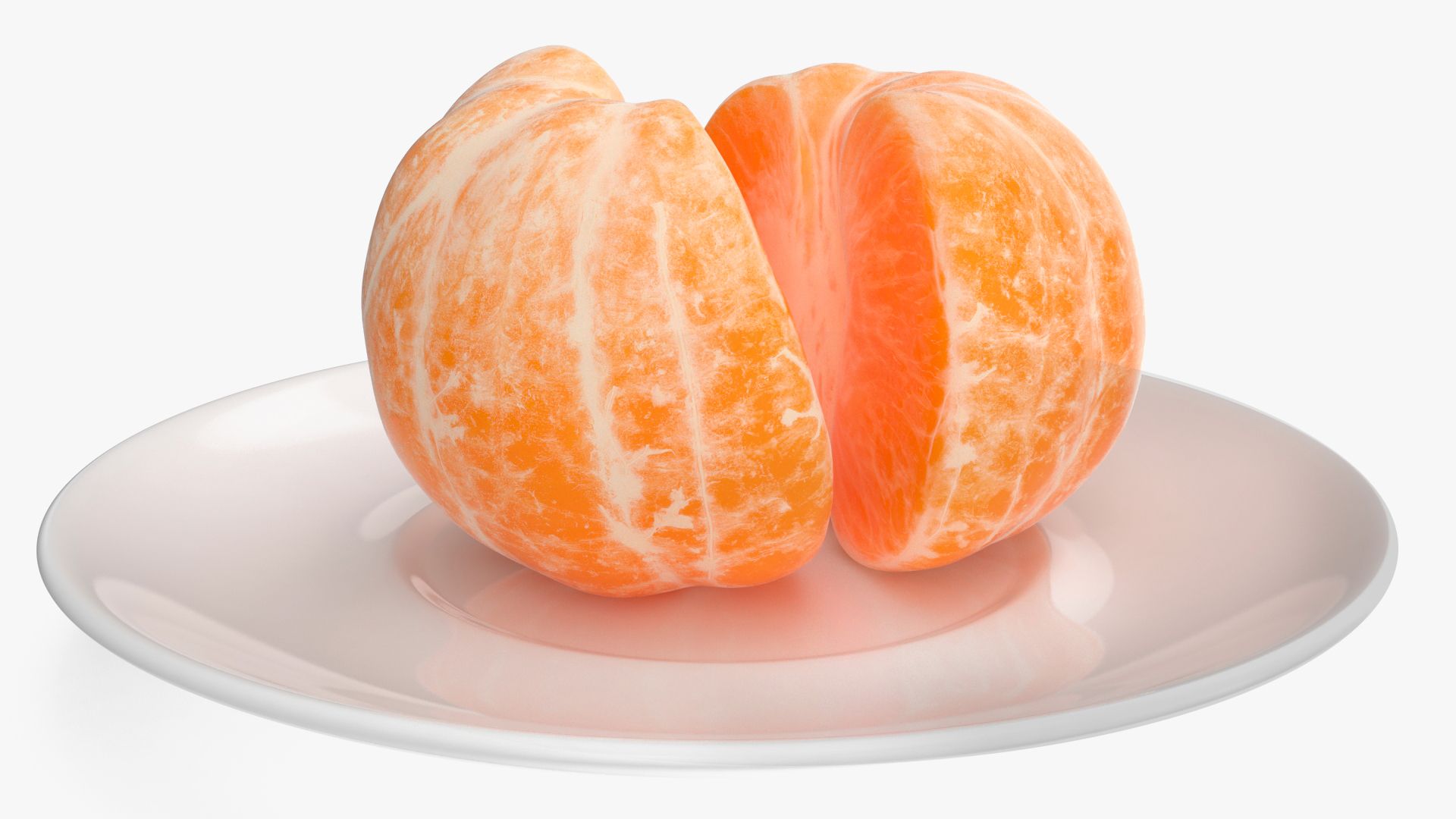 3D Peeled Tangerine Fruit Split in Half on White Plate