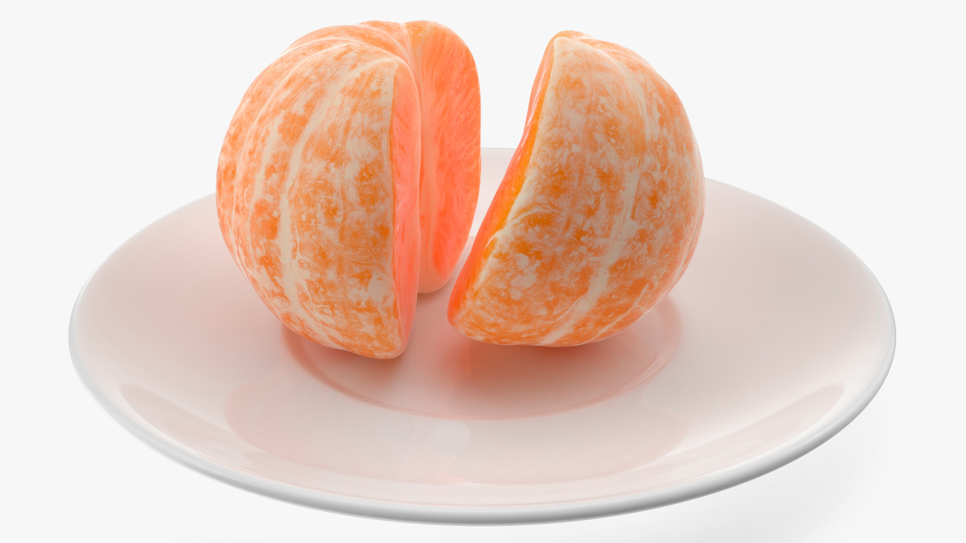 3D Peeled Tangerine Fruit Split in Half on White Plate