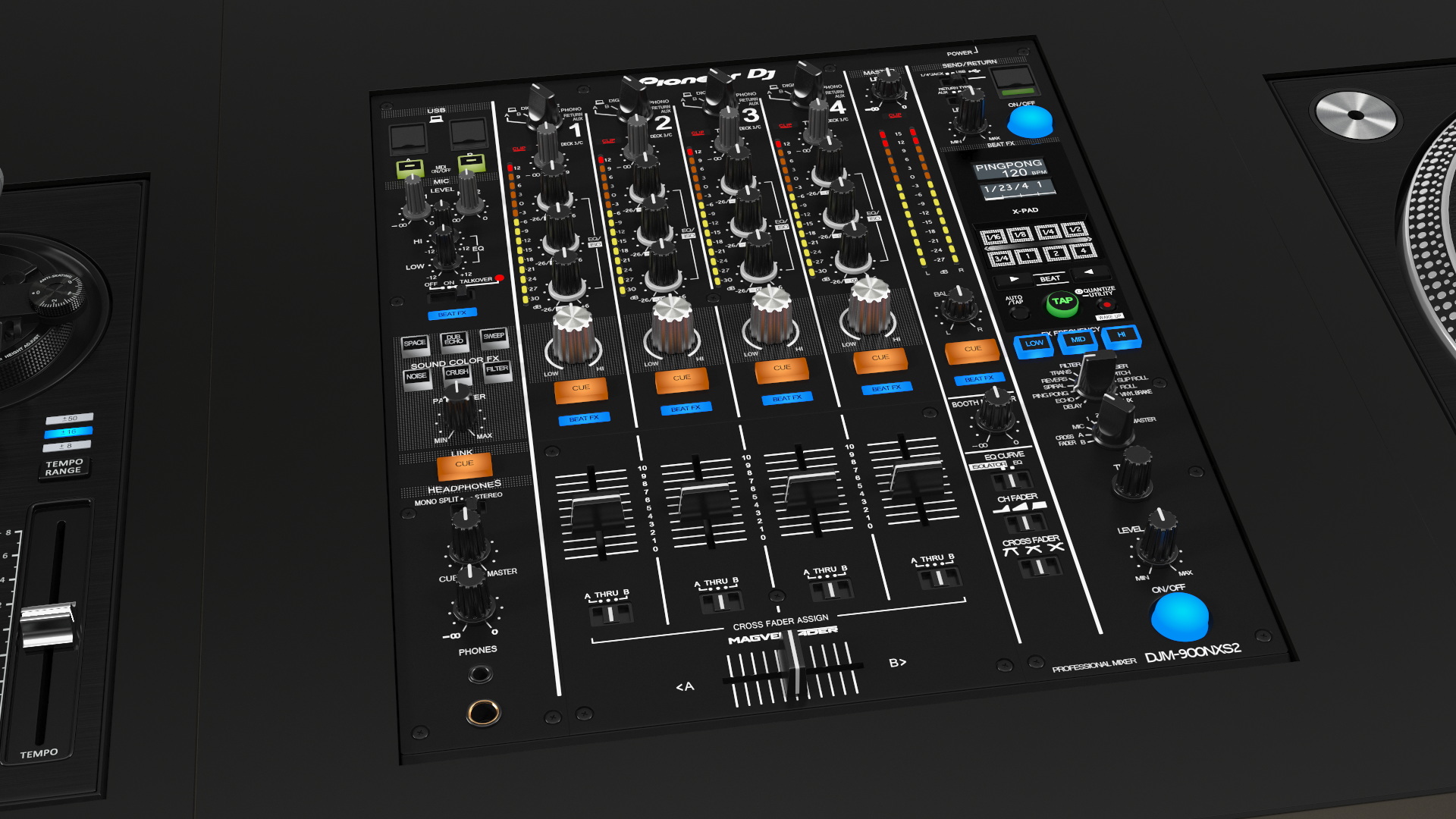 3D DJ Console with Mixer Pioneer and Green Lighting model