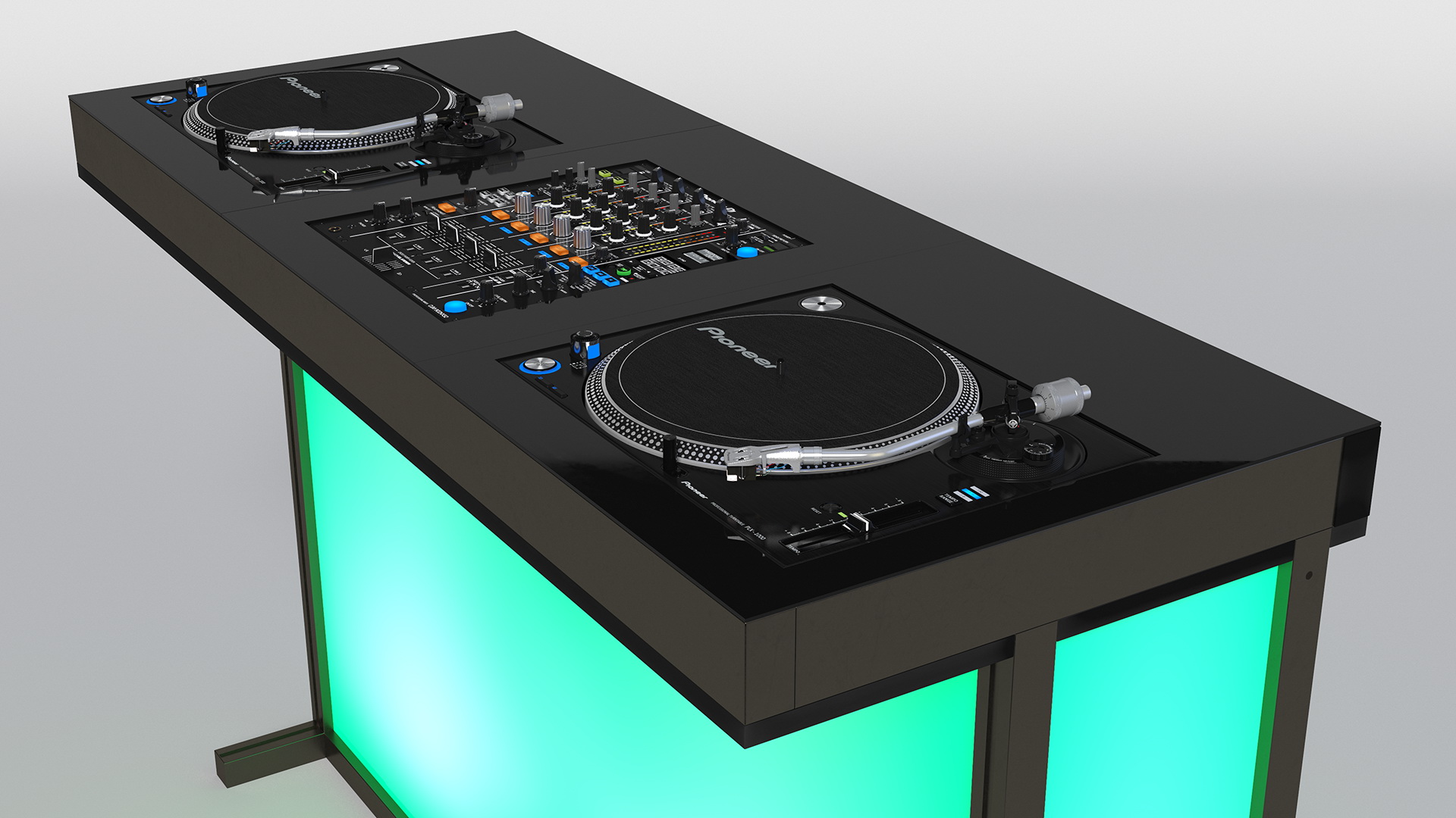 3D DJ Console with Mixer Pioneer and Green Lighting model