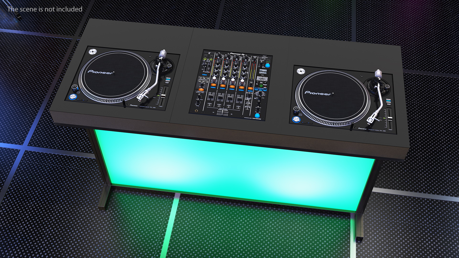 3D DJ Console with Mixer Pioneer and Green Lighting model