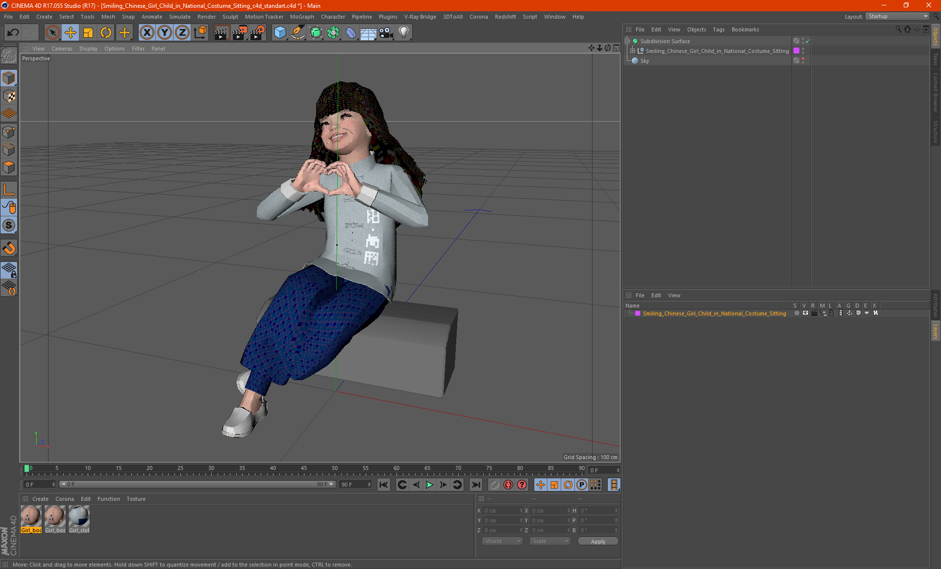 Smiling Chinese Girl Child in National Costume Sitting 3D model