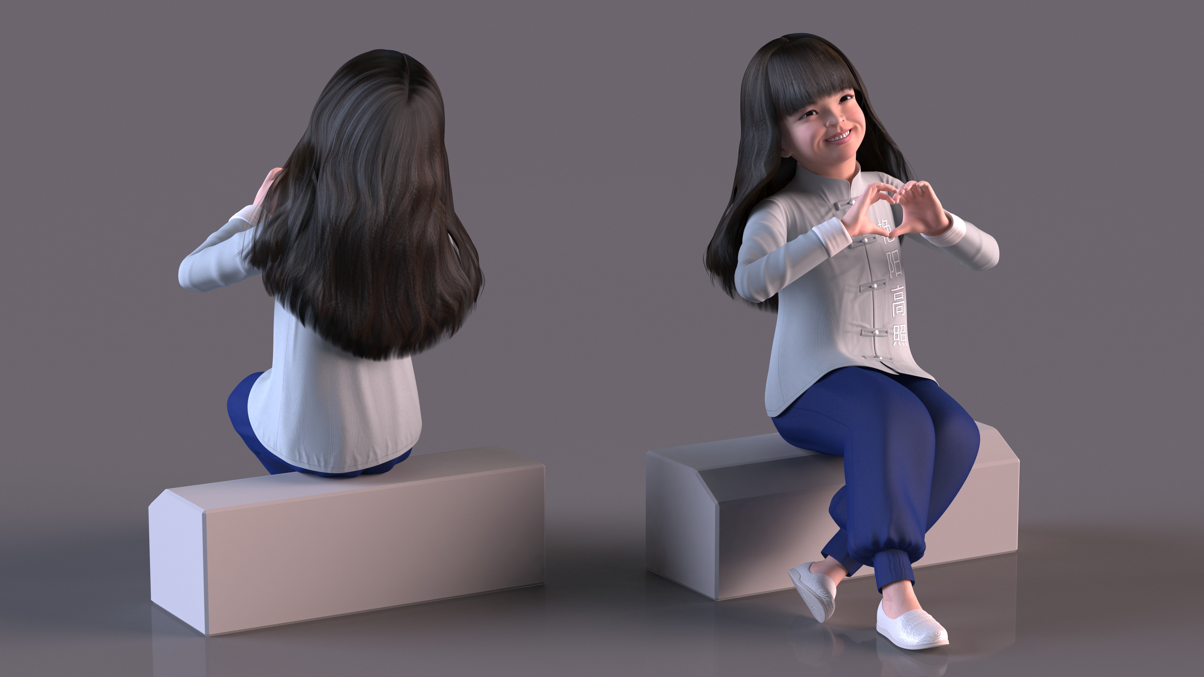 Smiling Chinese Girl Child in National Costume Sitting 3D model