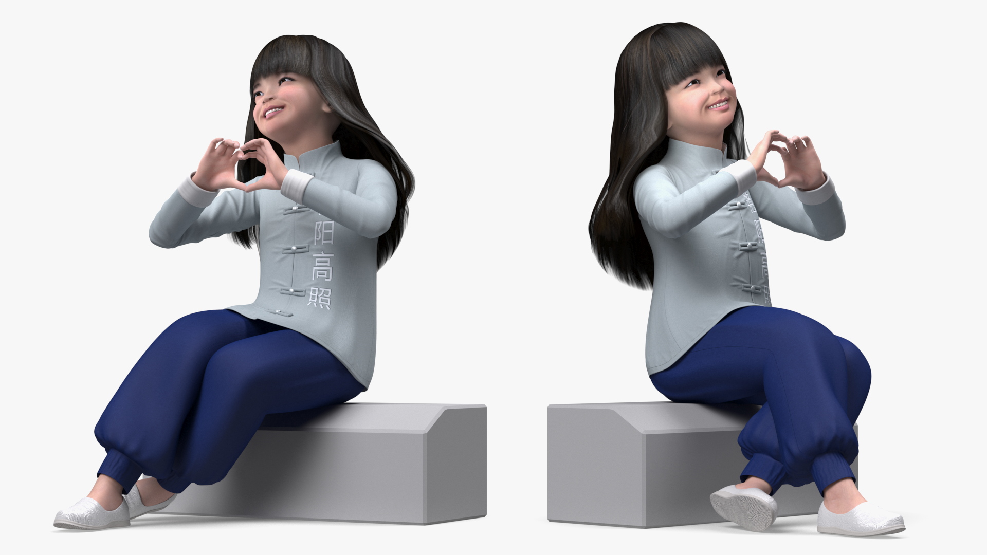 Smiling Chinese Girl Child in National Costume Sitting 3D model