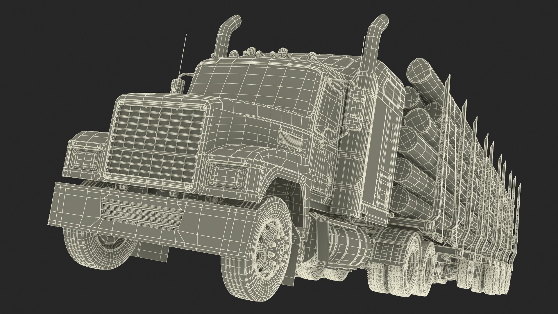 Freight Truck with Logging Trailer with Logs 3D model