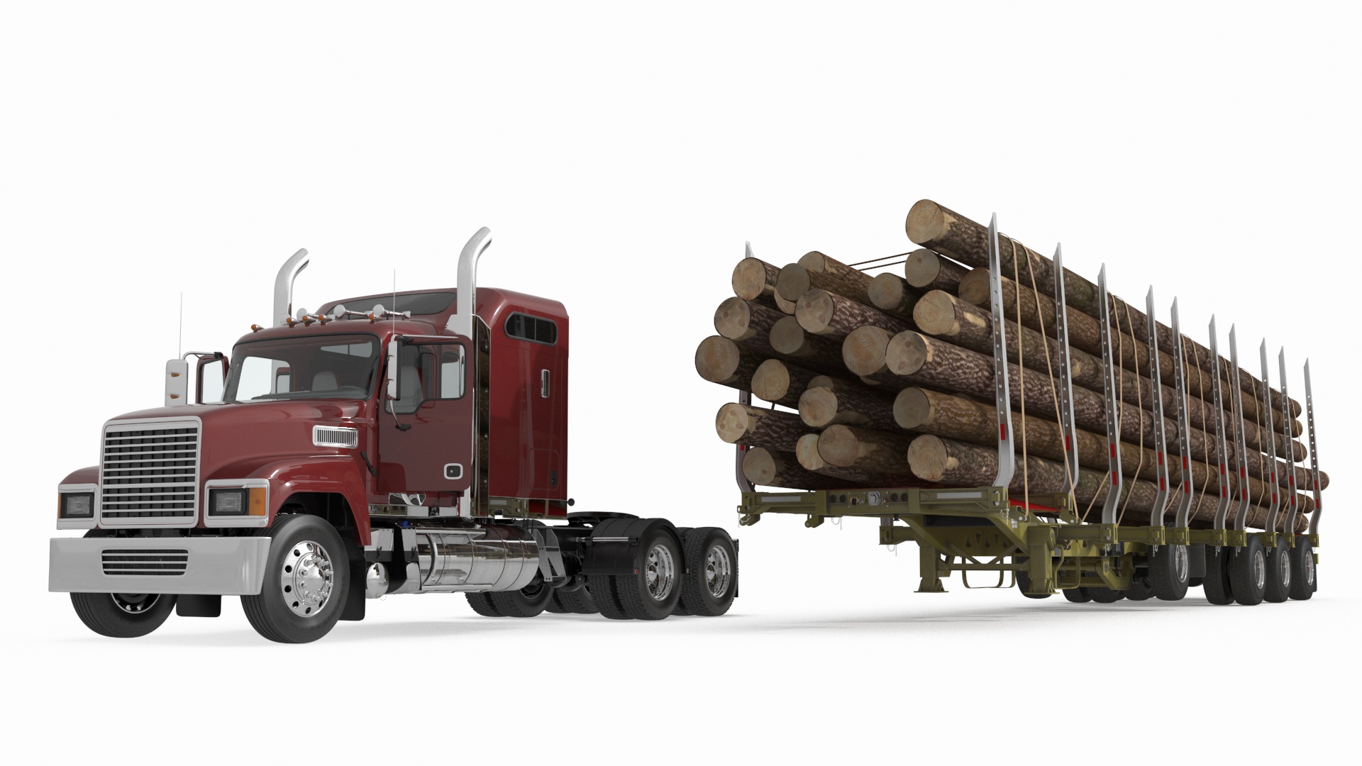 Freight Truck with Logging Trailer with Logs 3D model