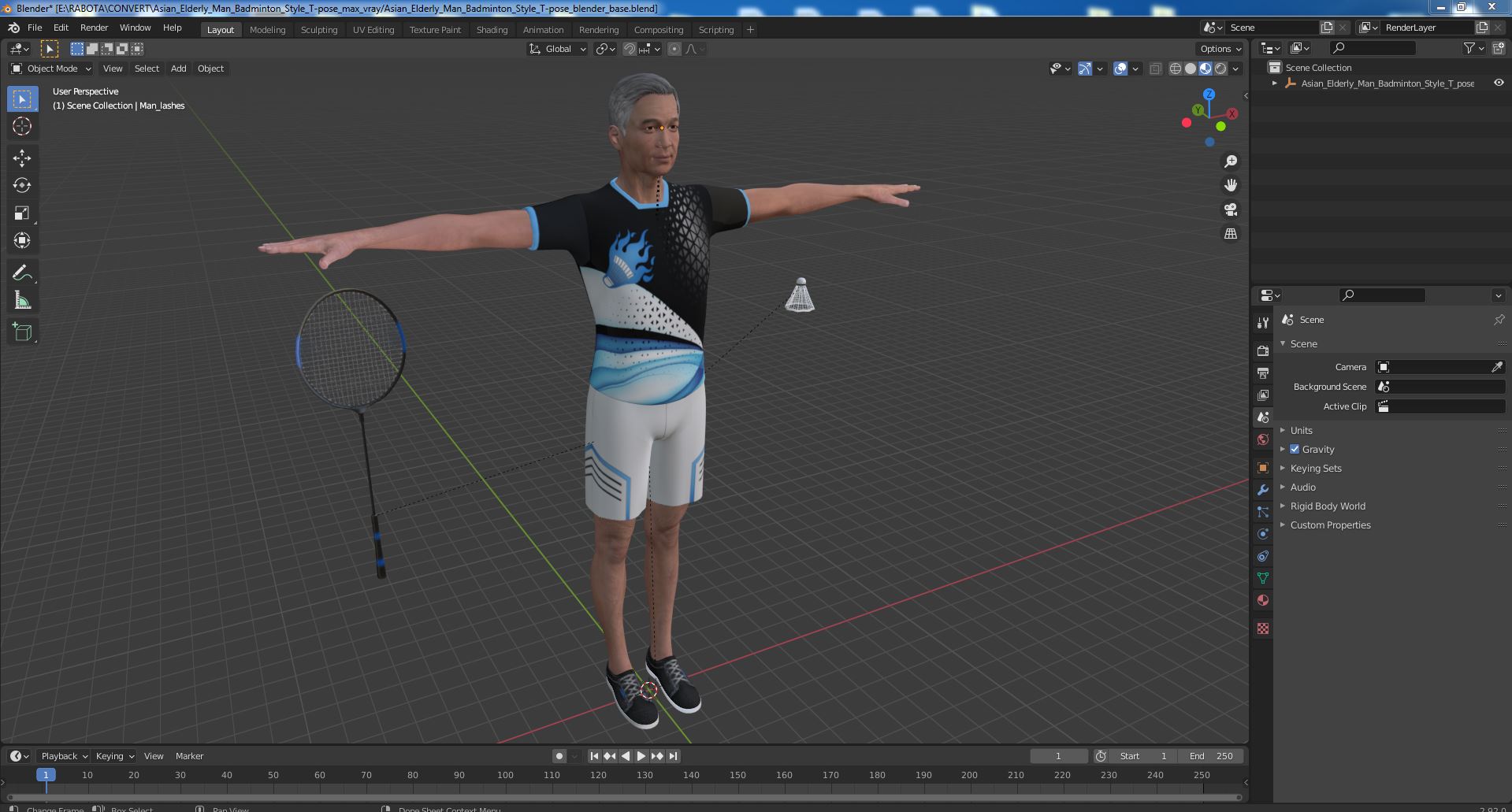 3D model Asian Elderly Man Badminton Style T-pose