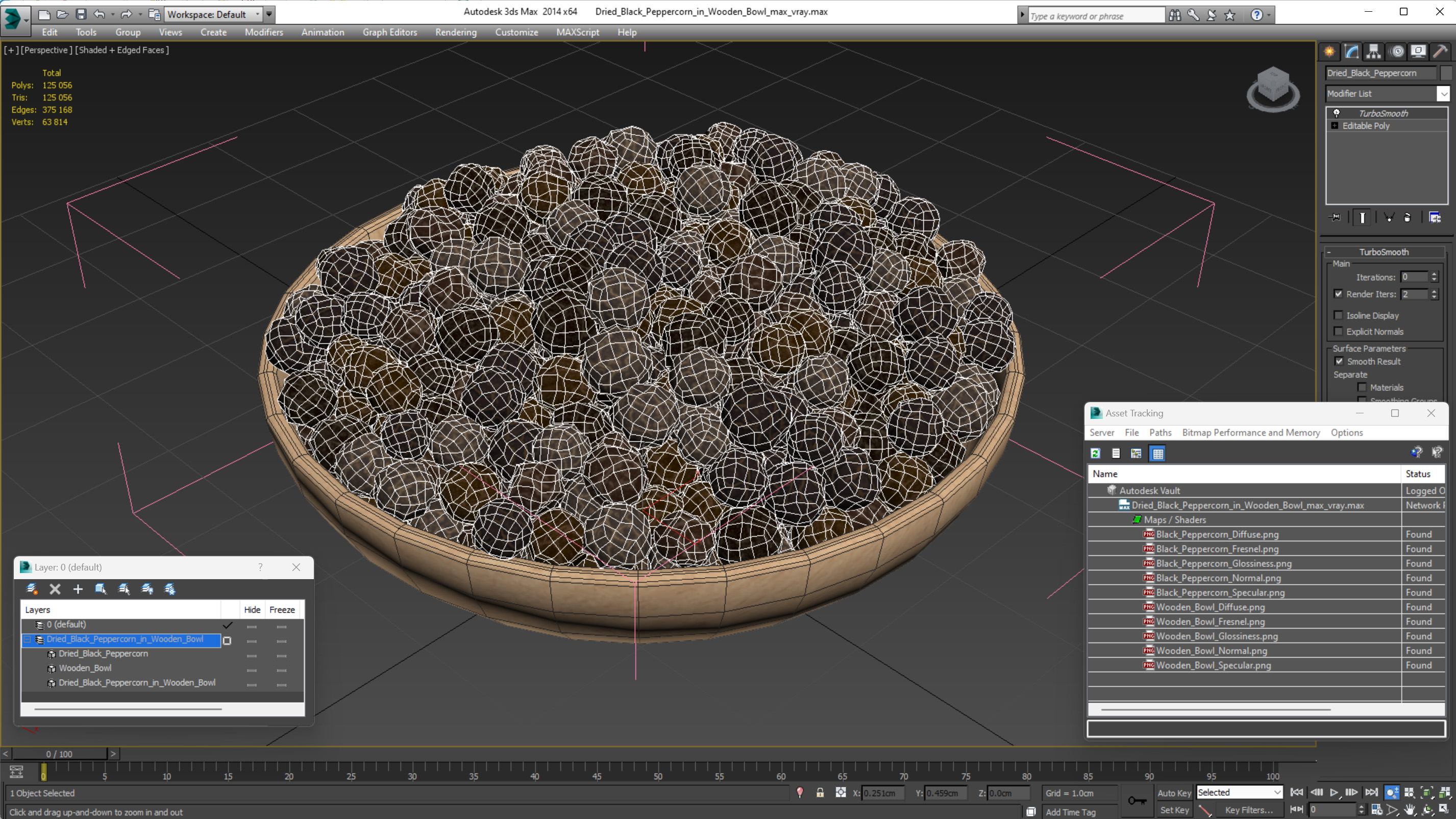 Dried Black Peppercorn in Wooden Bowl 3D