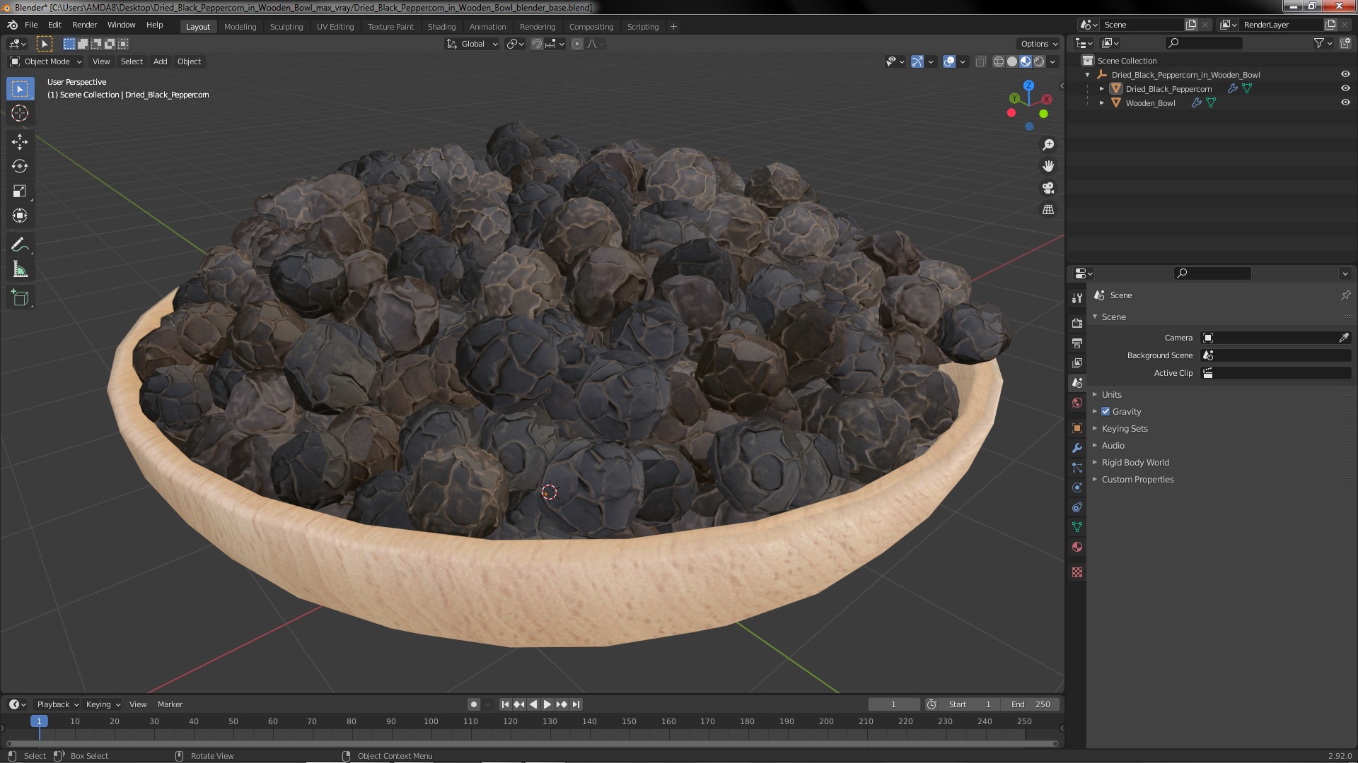 Dried Black Peppercorn in Wooden Bowl 3D