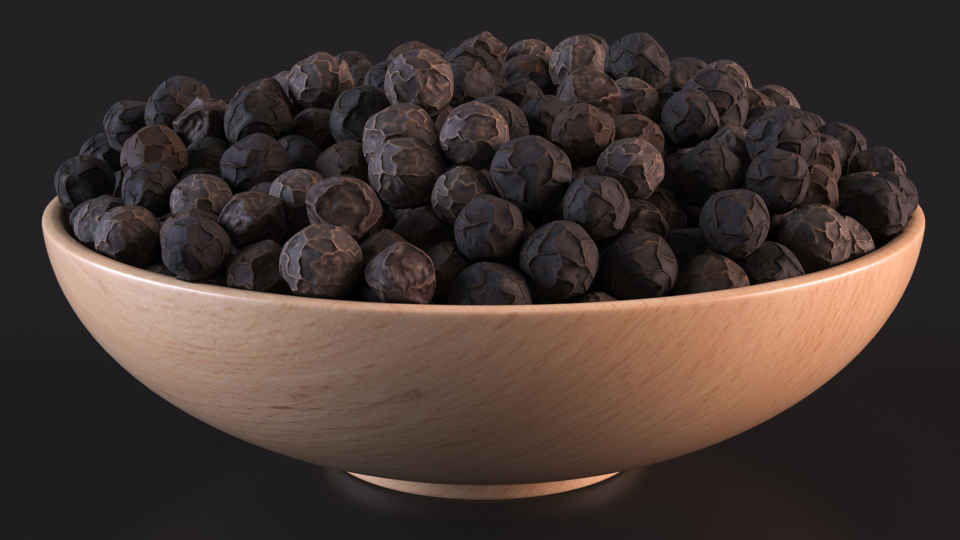 Dried Black Peppercorn in Wooden Bowl 3D