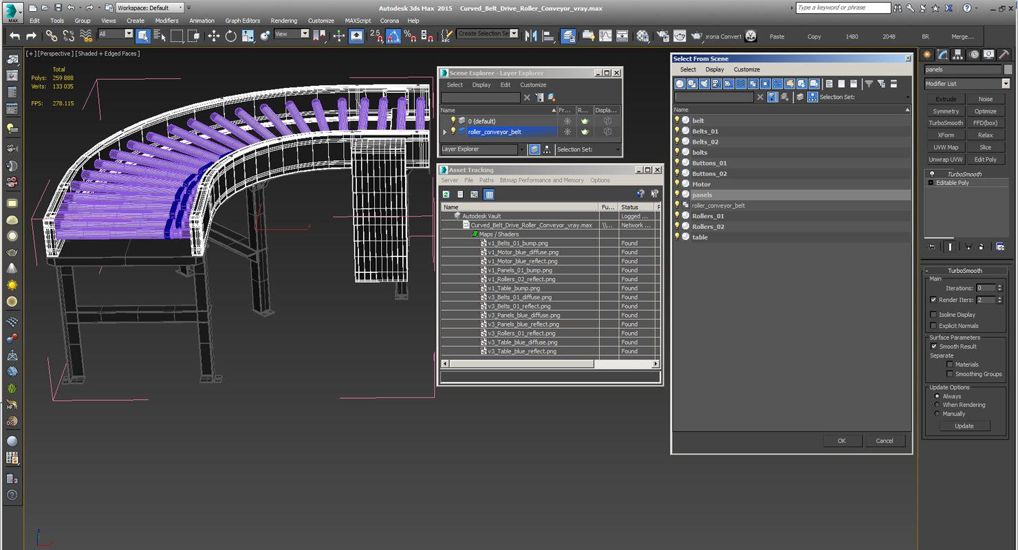 3D Curved Belt Drive Roller Conveyor model