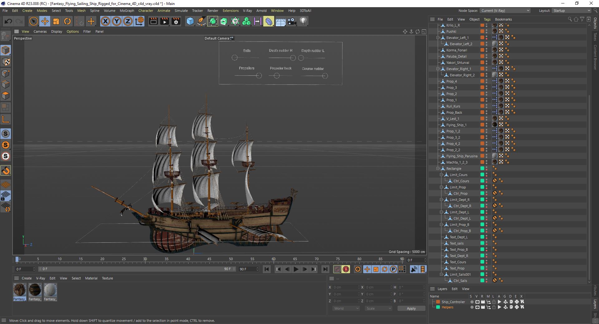 3D Fantasy Flying Sailing Ship Rigged for Cinema 4D model