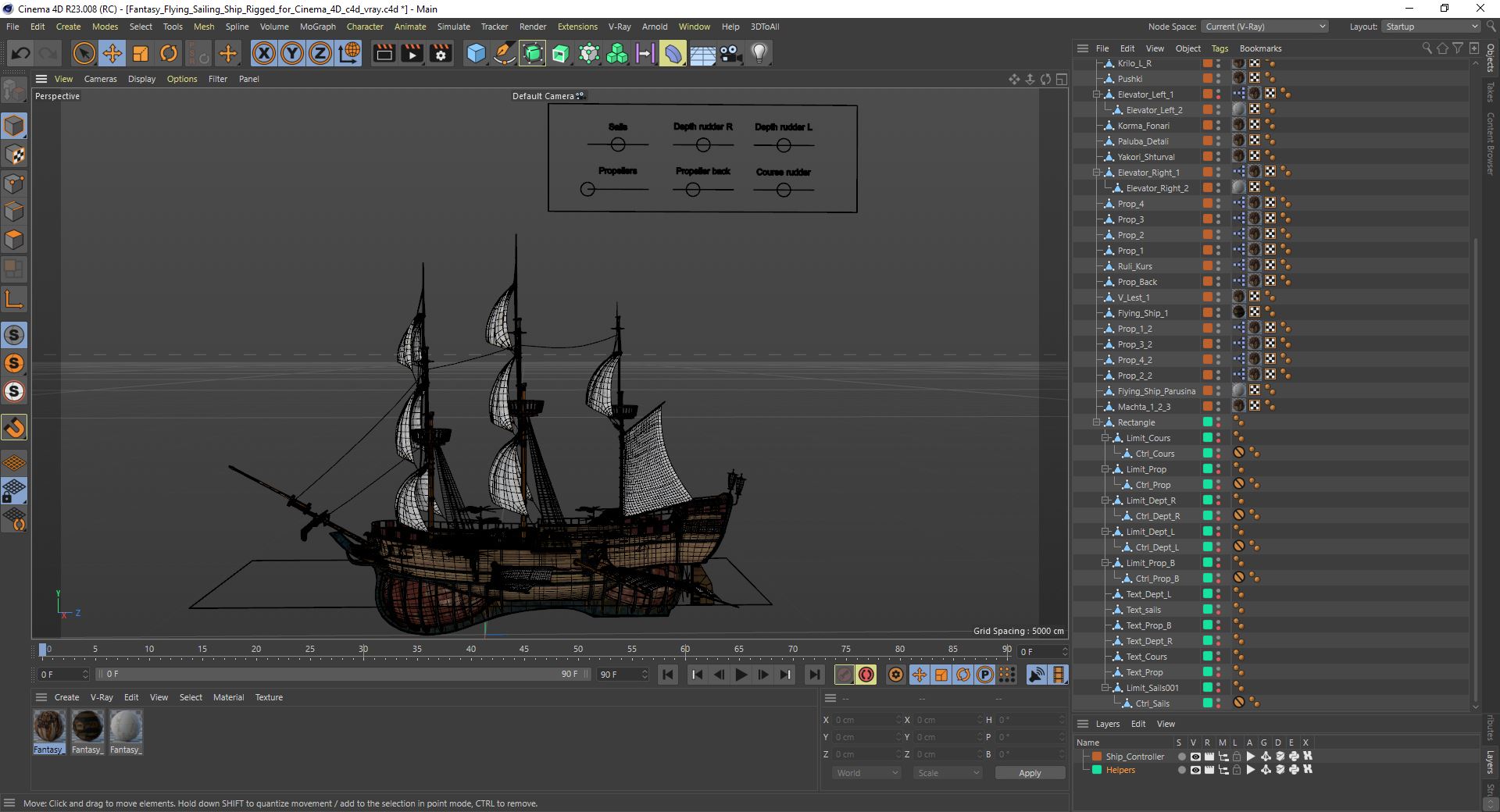 3D Fantasy Flying Sailing Ship Rigged for Cinema 4D model