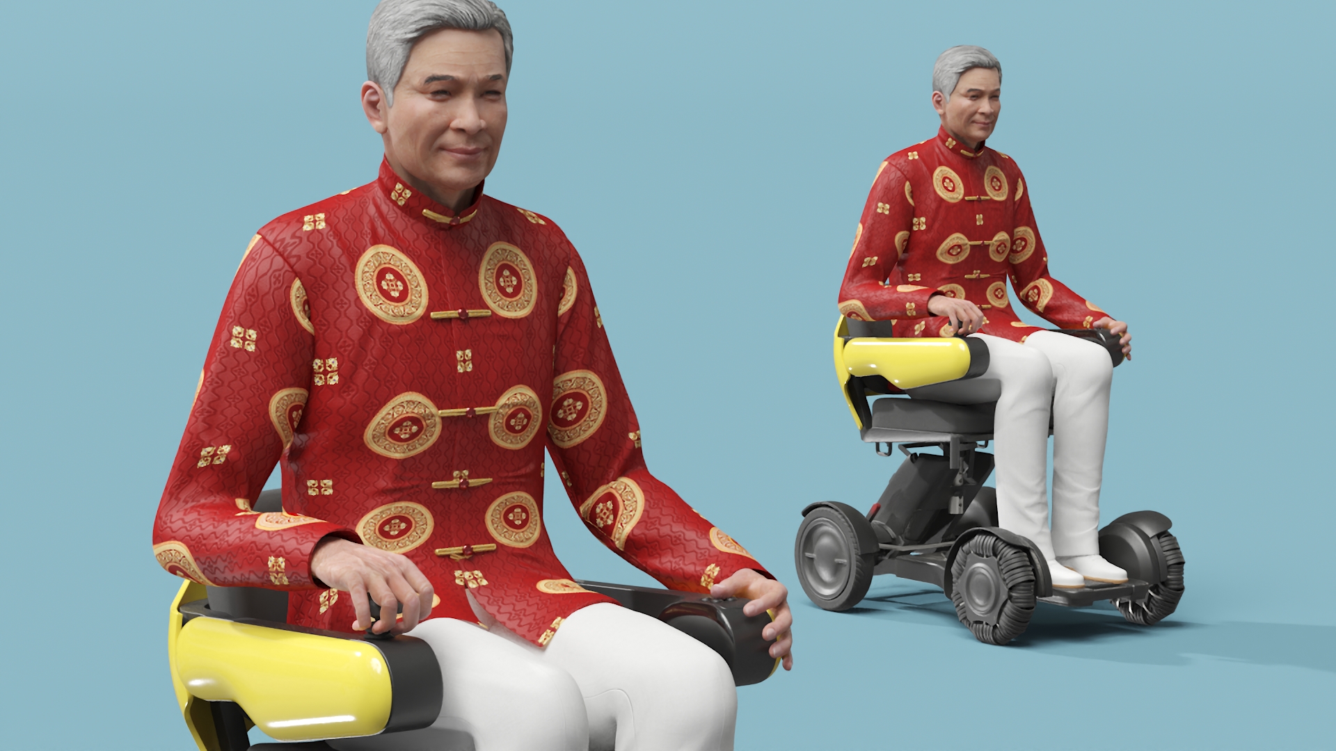 3D model Power Wheelchair and Chinese Elderly Man