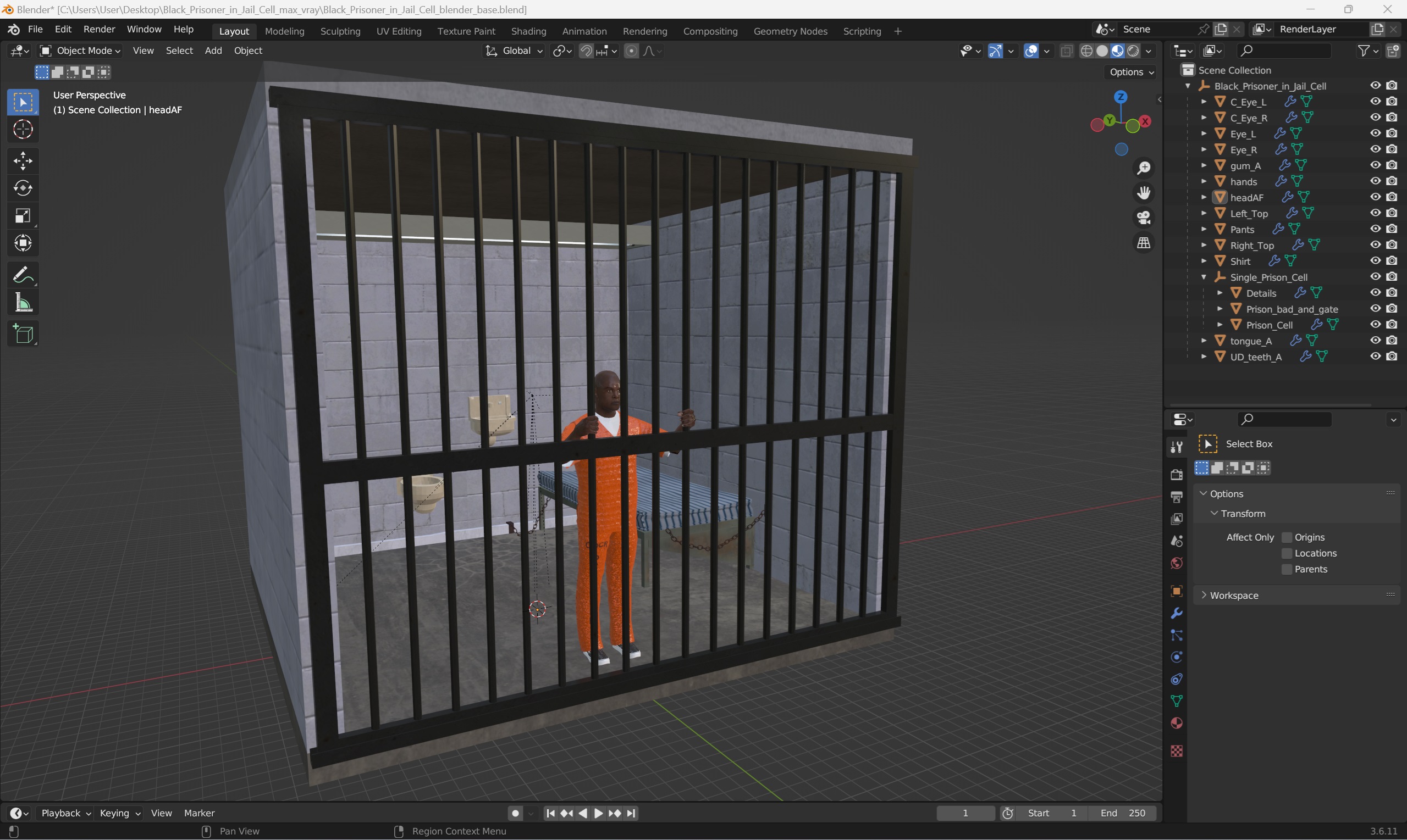 Black Prisoner in Jail Cell 3D