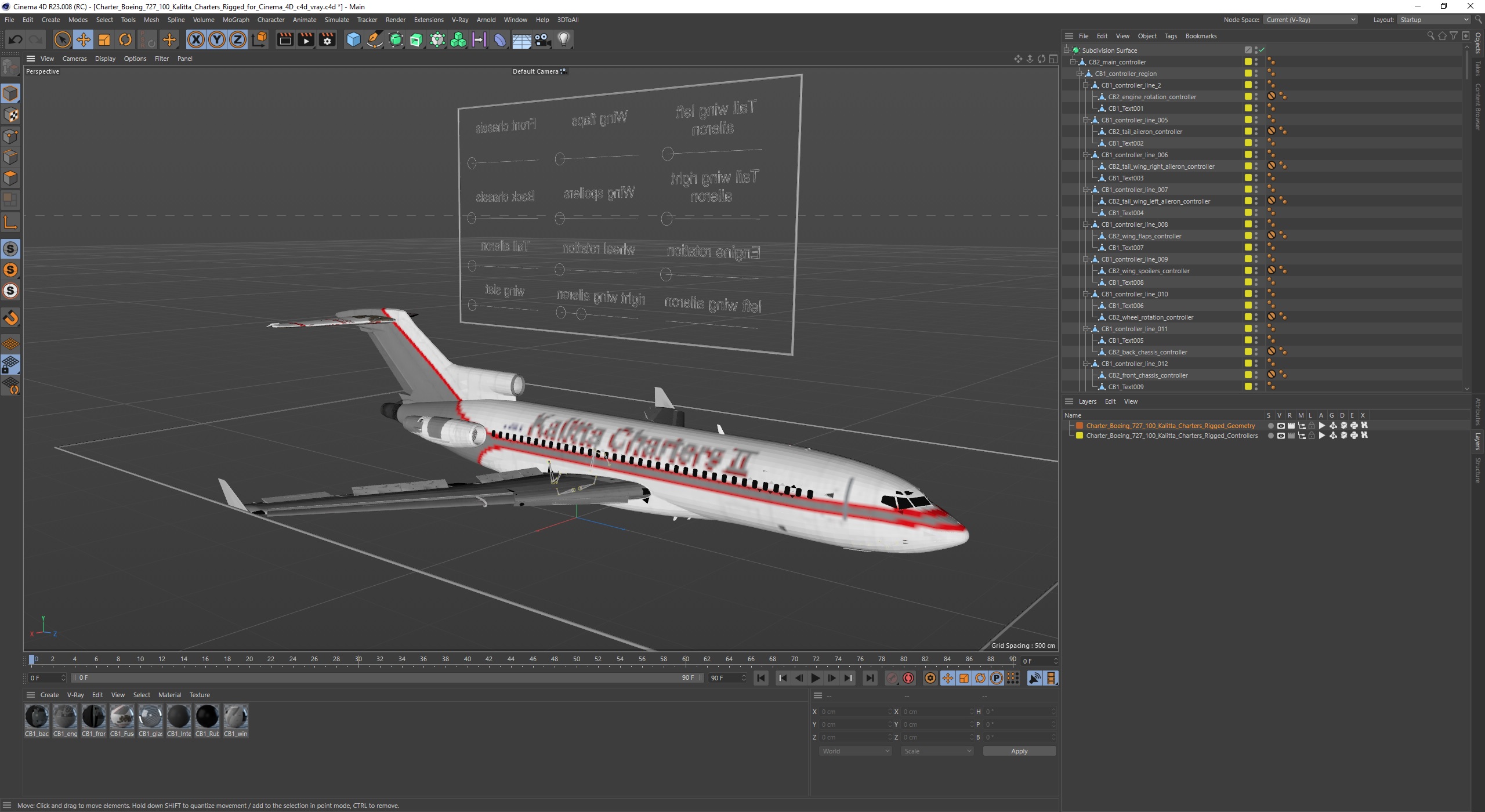 3D model Charter Boeing 727-100 Kalitta Charters Rigged for Cinema 4D