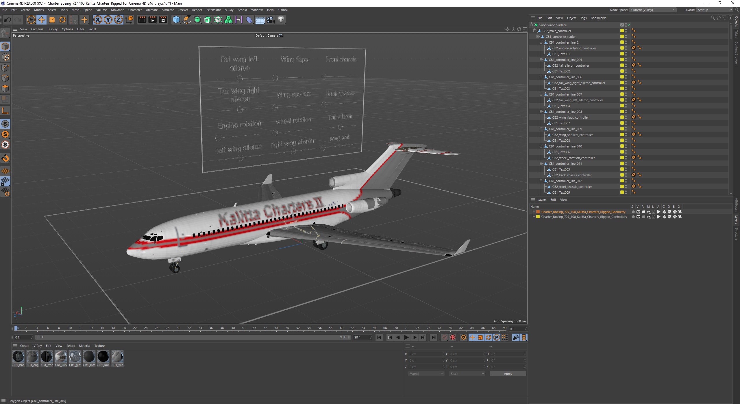 3D model Charter Boeing 727-100 Kalitta Charters Rigged for Cinema 4D