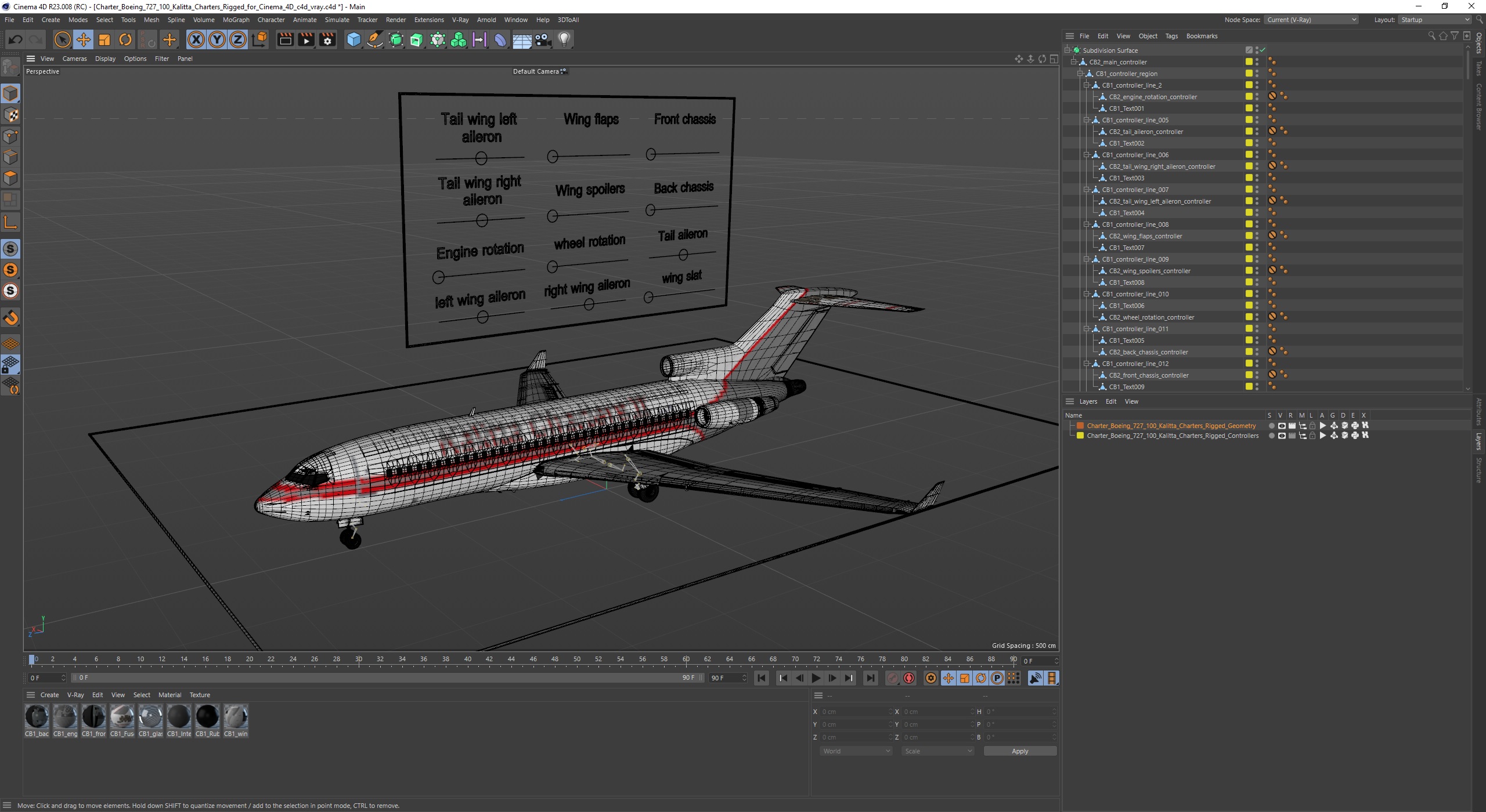 3D model Charter Boeing 727-100 Kalitta Charters Rigged for Cinema 4D