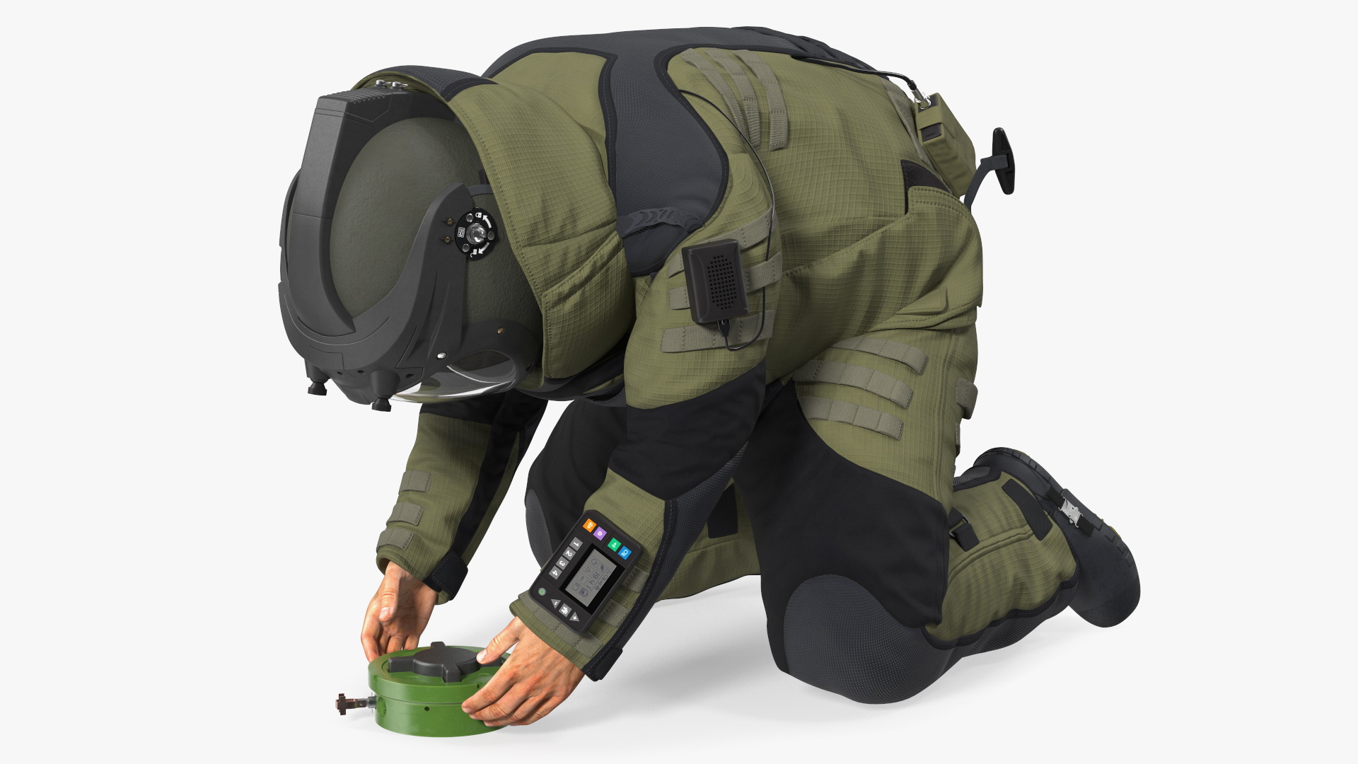 3D Man in Bomb Suit EOD 10 Disarms Mine