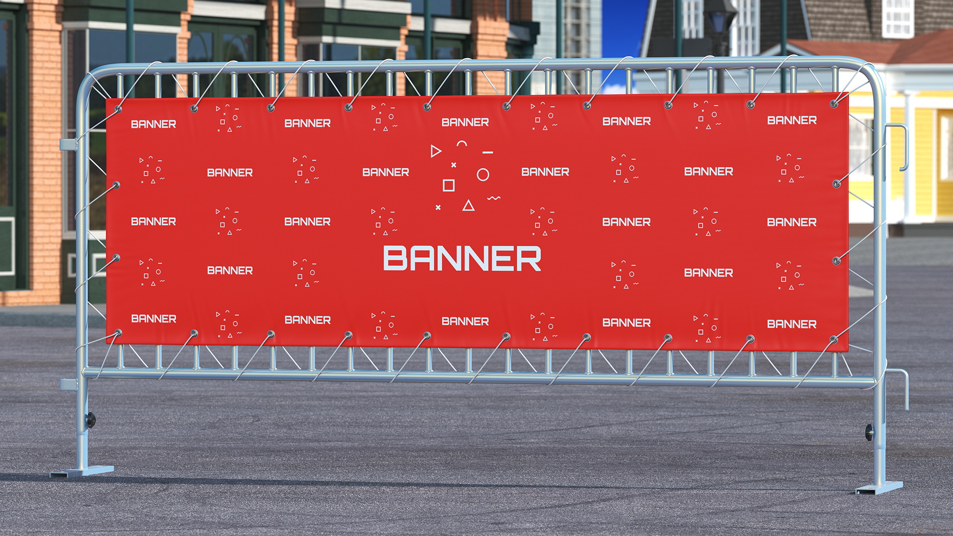 Advertising PVC Banner on Yellow Steel Crowd Barrier 3D