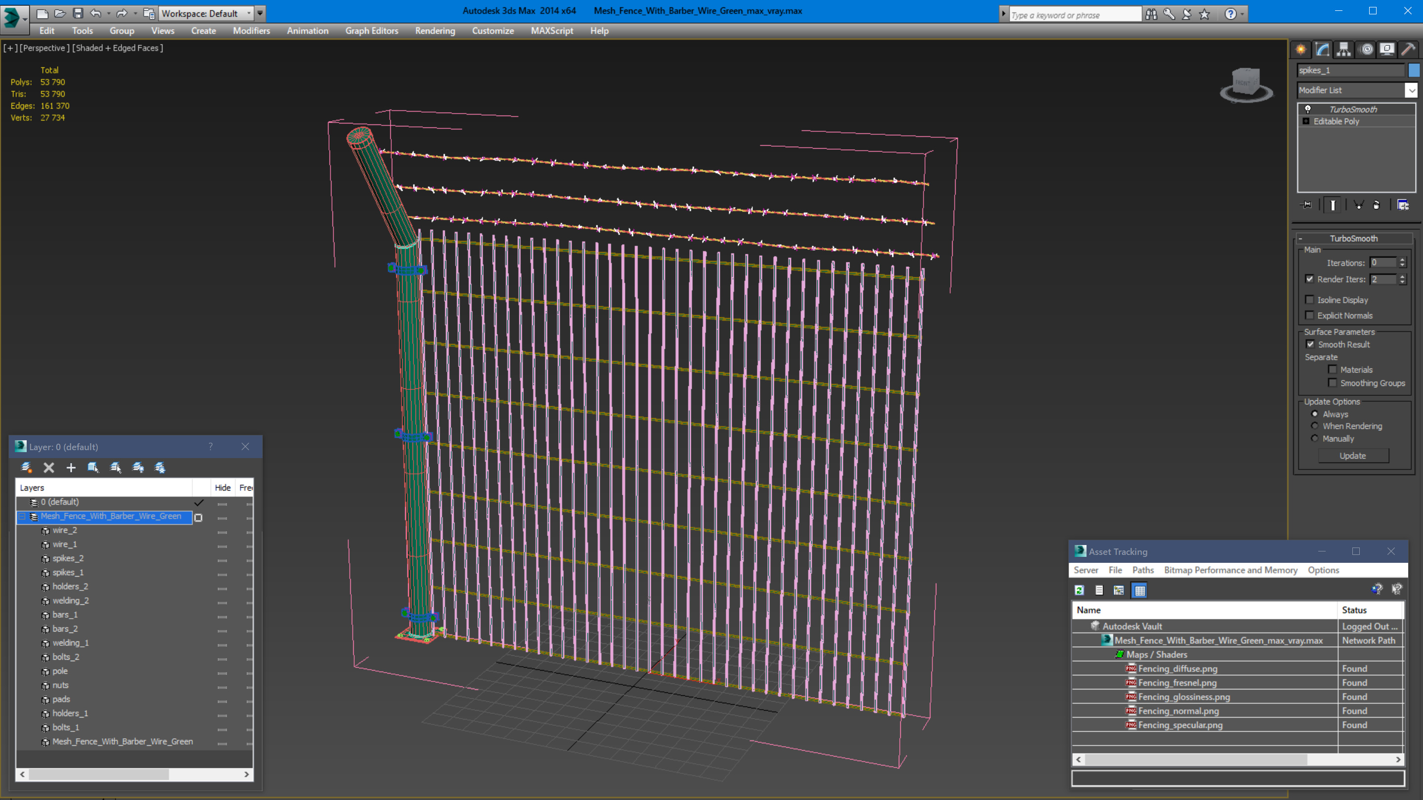 3D Mesh Fence With Barber Wire Green model