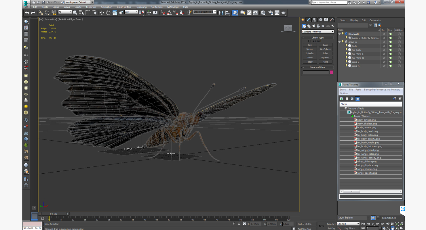 3D Aglais io Butterfly Sitting Pose with Fur