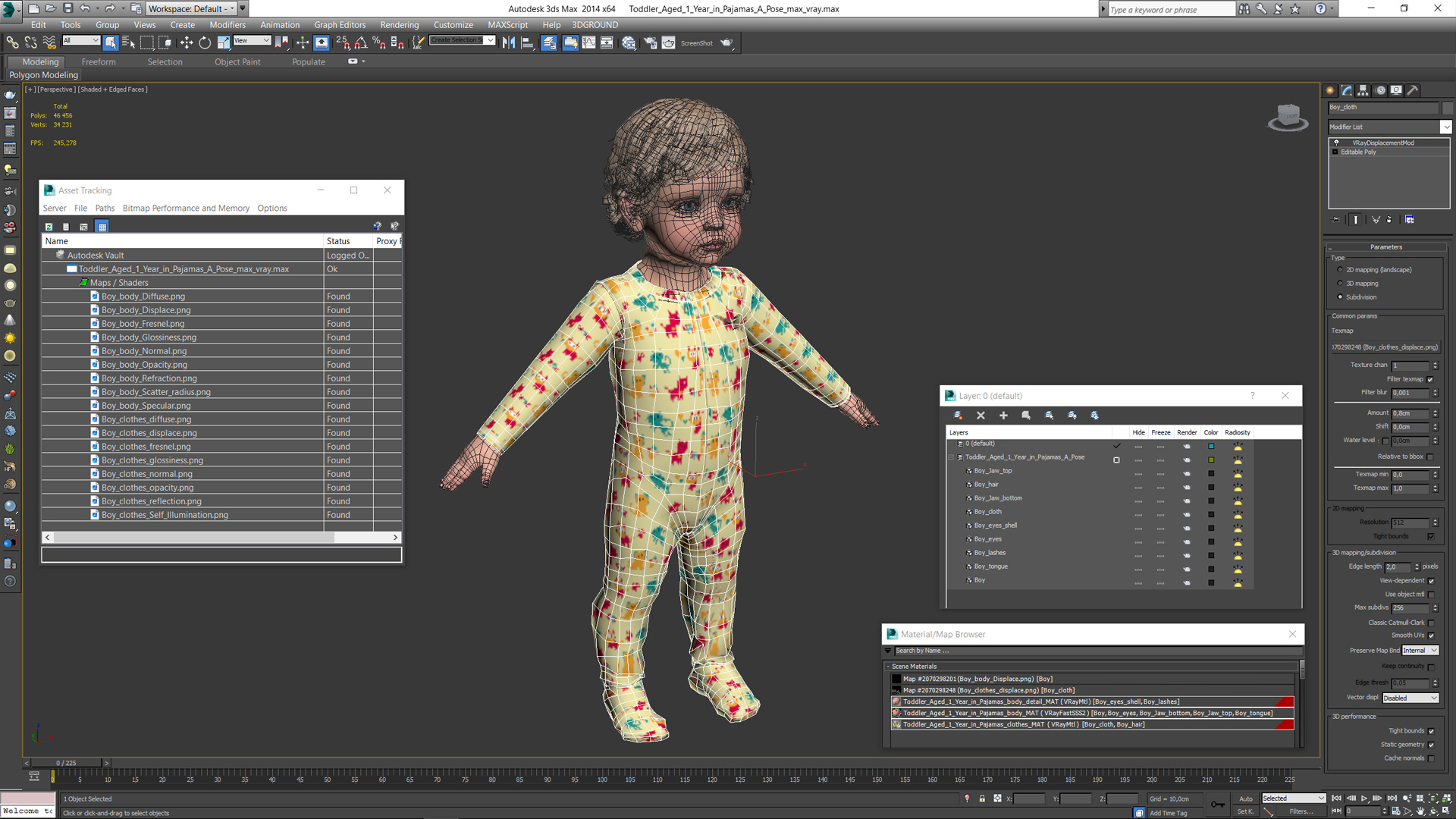 Toddler Aged 1 Year in Pajamas A-Pose 3D