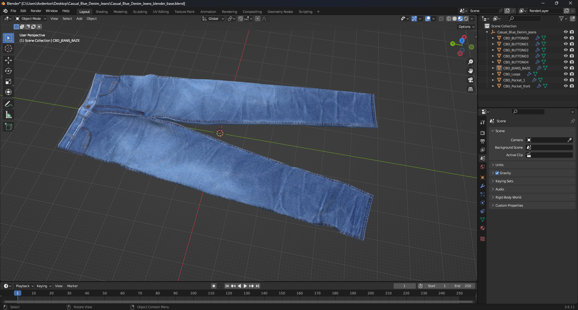 3D Casual Blue Denim Jeans model