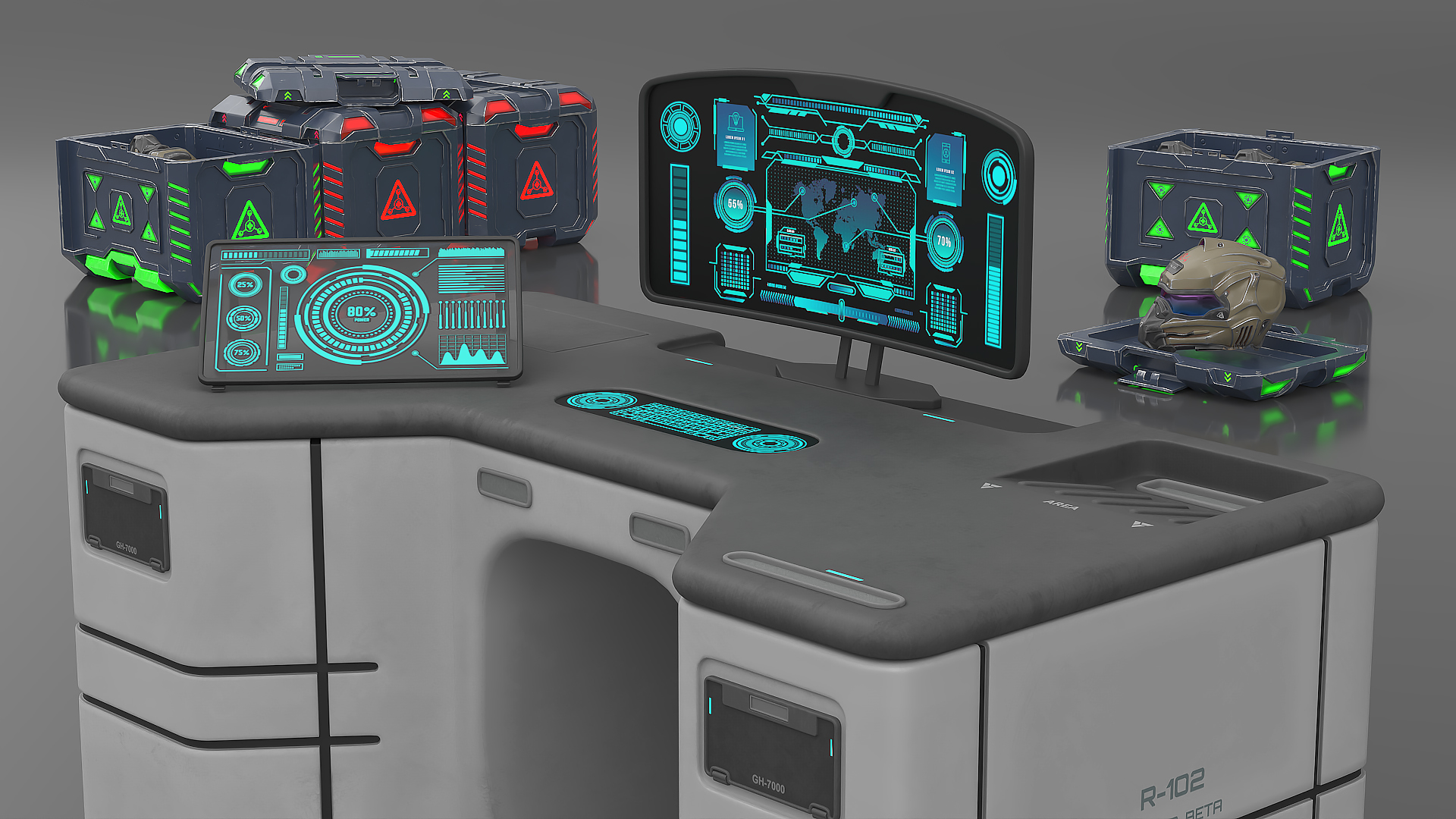 3D Futuristic Command Center with Hellmet Storage