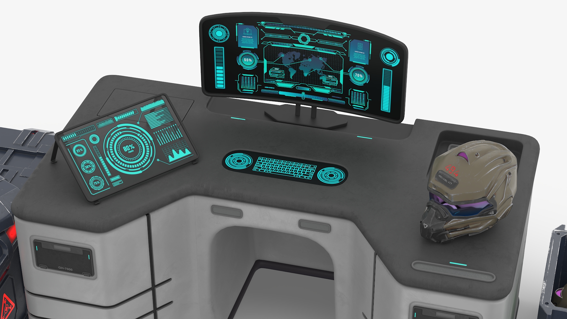 3D Futuristic Command Center with Hellmet Storage