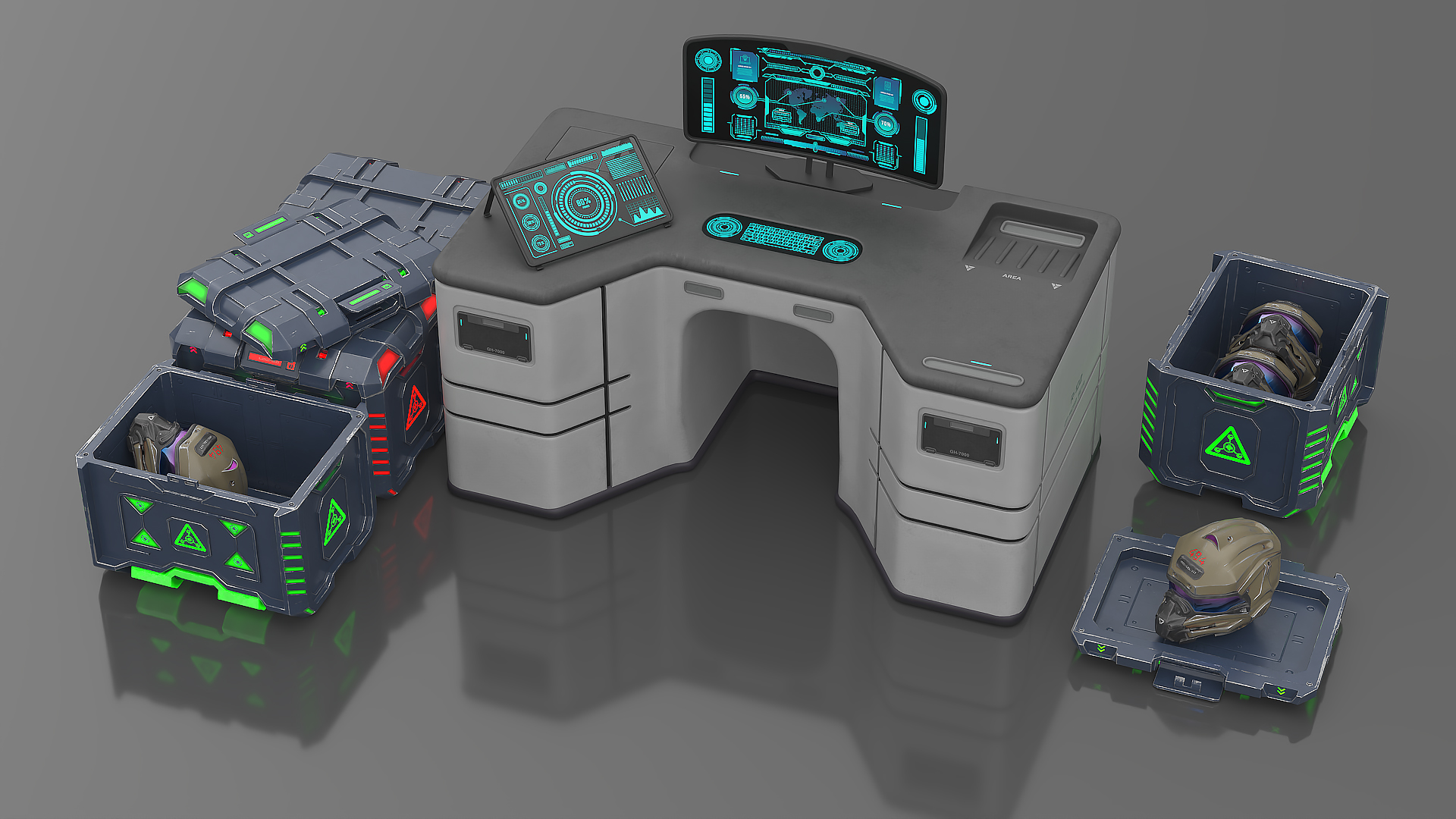 3D Futuristic Command Center with Hellmet Storage