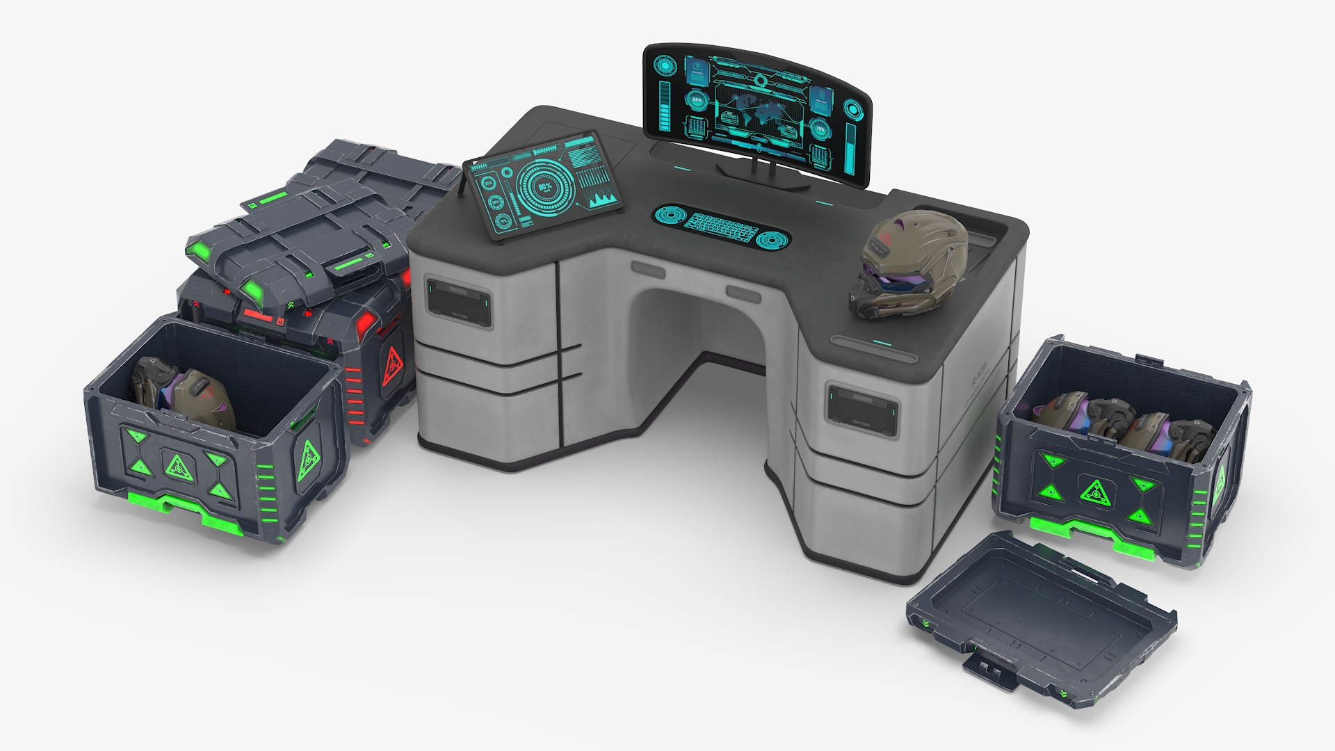 3D Futuristic Command Center with Hellmet Storage