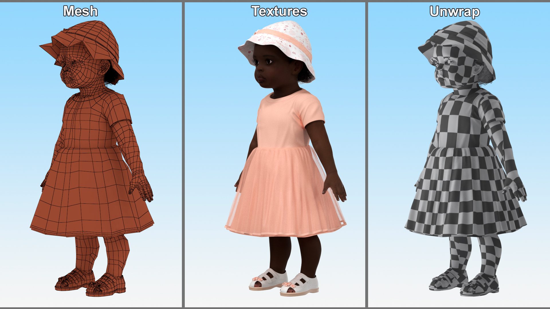 3D Little African Girl in Summer Outfit Rigged model