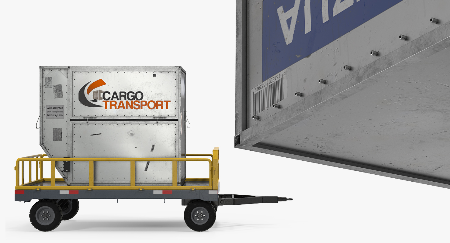 3D Airport Luggage Trolley Baggage Trailer with Container Rigged