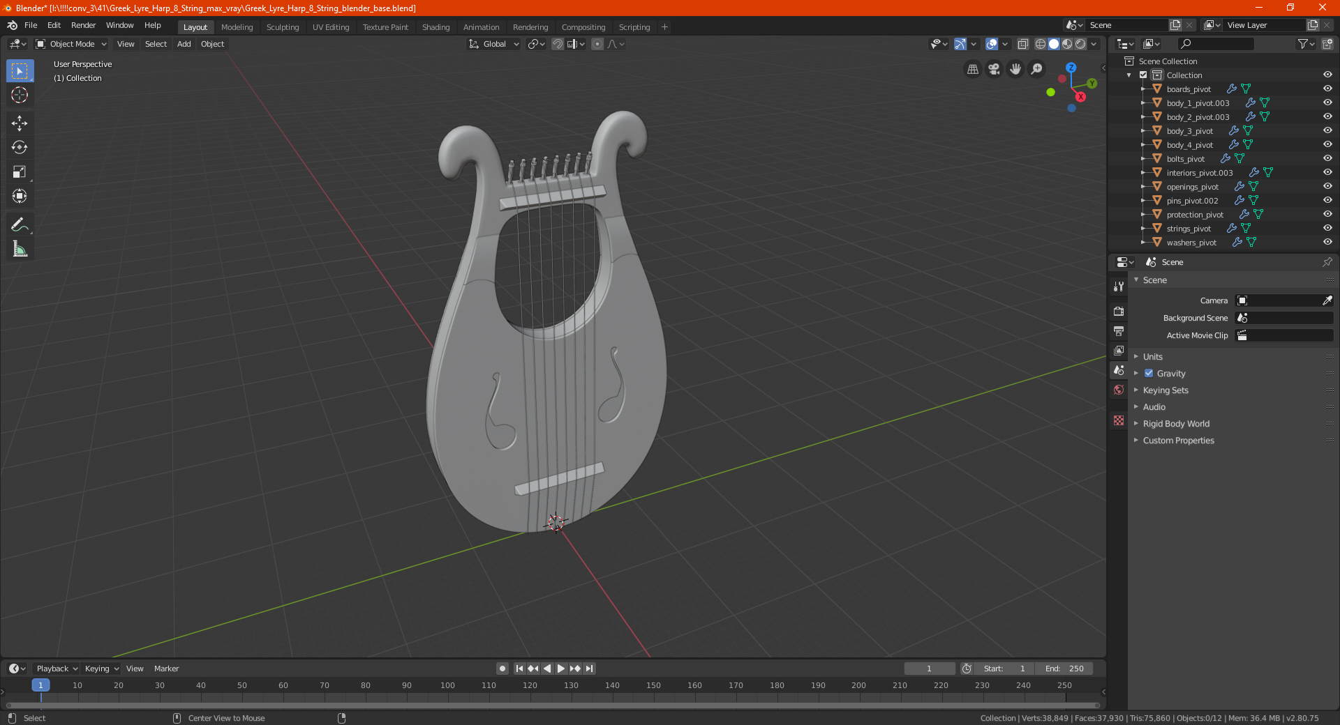 Greek Lyre Harp 8 String 3D model