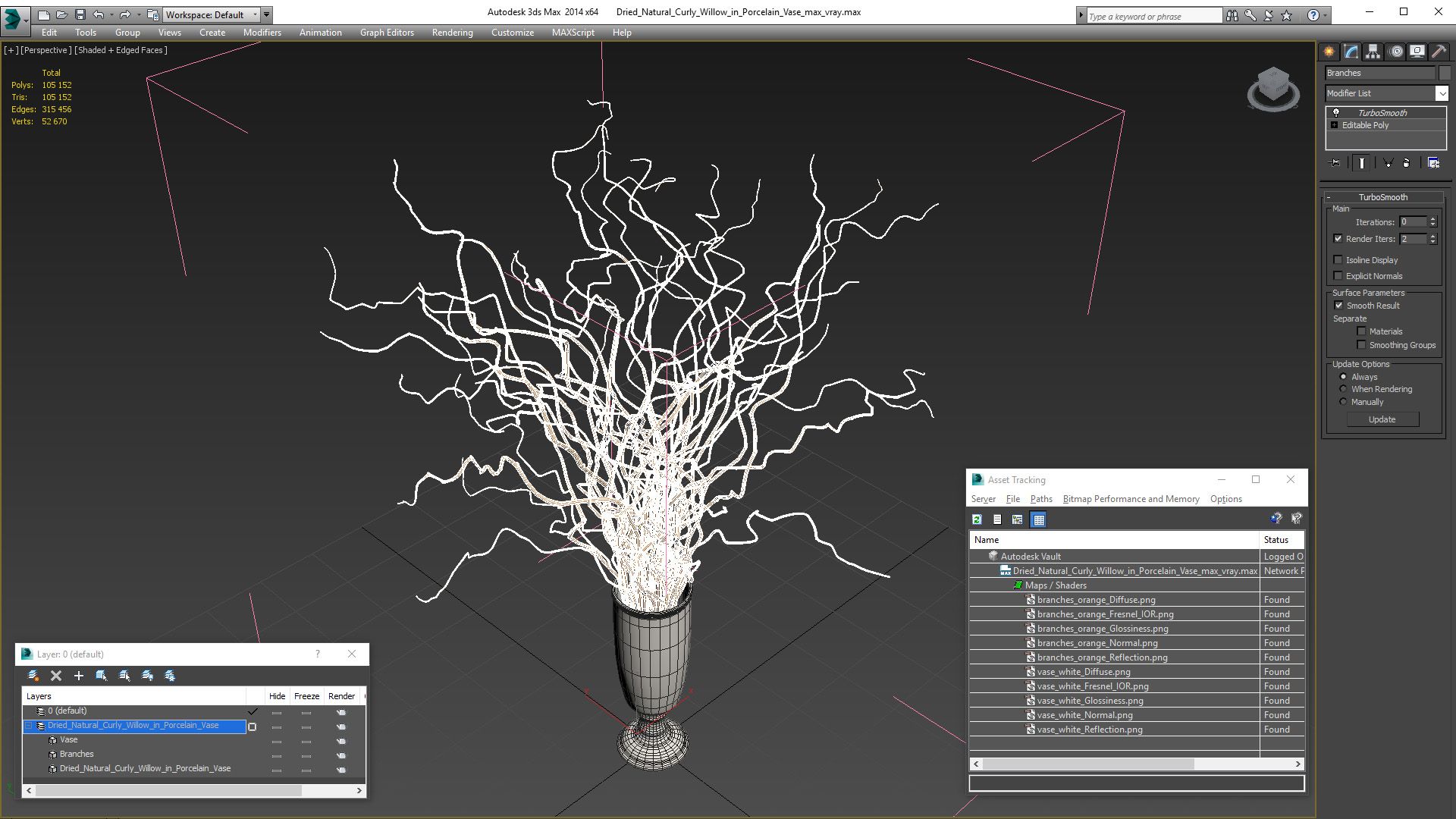 Dried Natural Curly Willow in Porcelain Vase 3D model