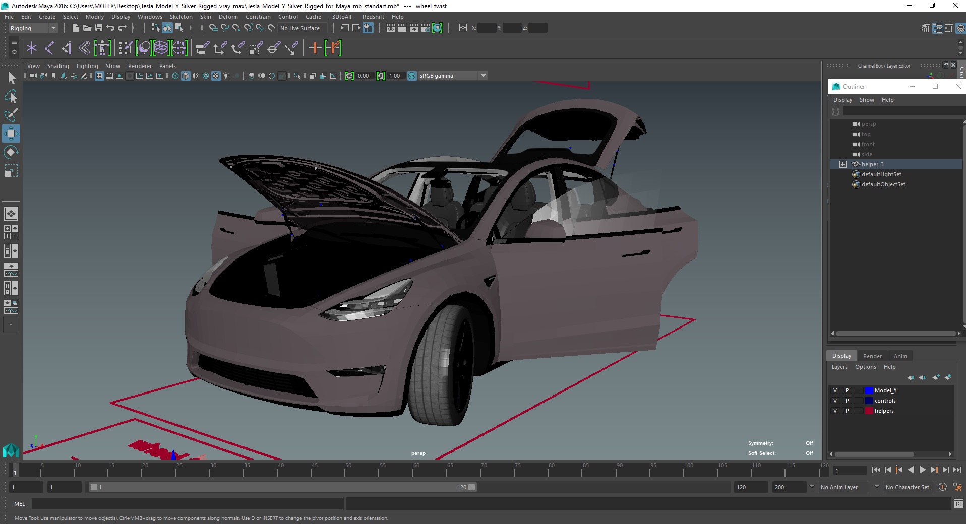 3D Tesla Model Y Silver Rigged for Maya