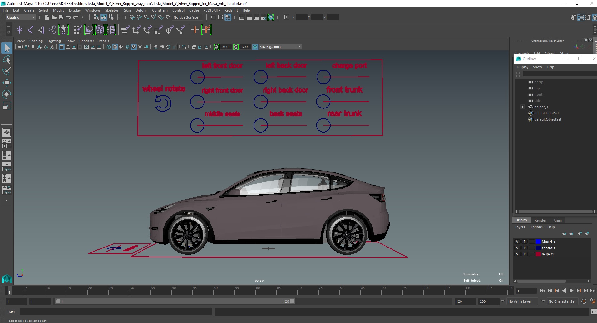 3D Tesla Model Y Silver Rigged for Maya