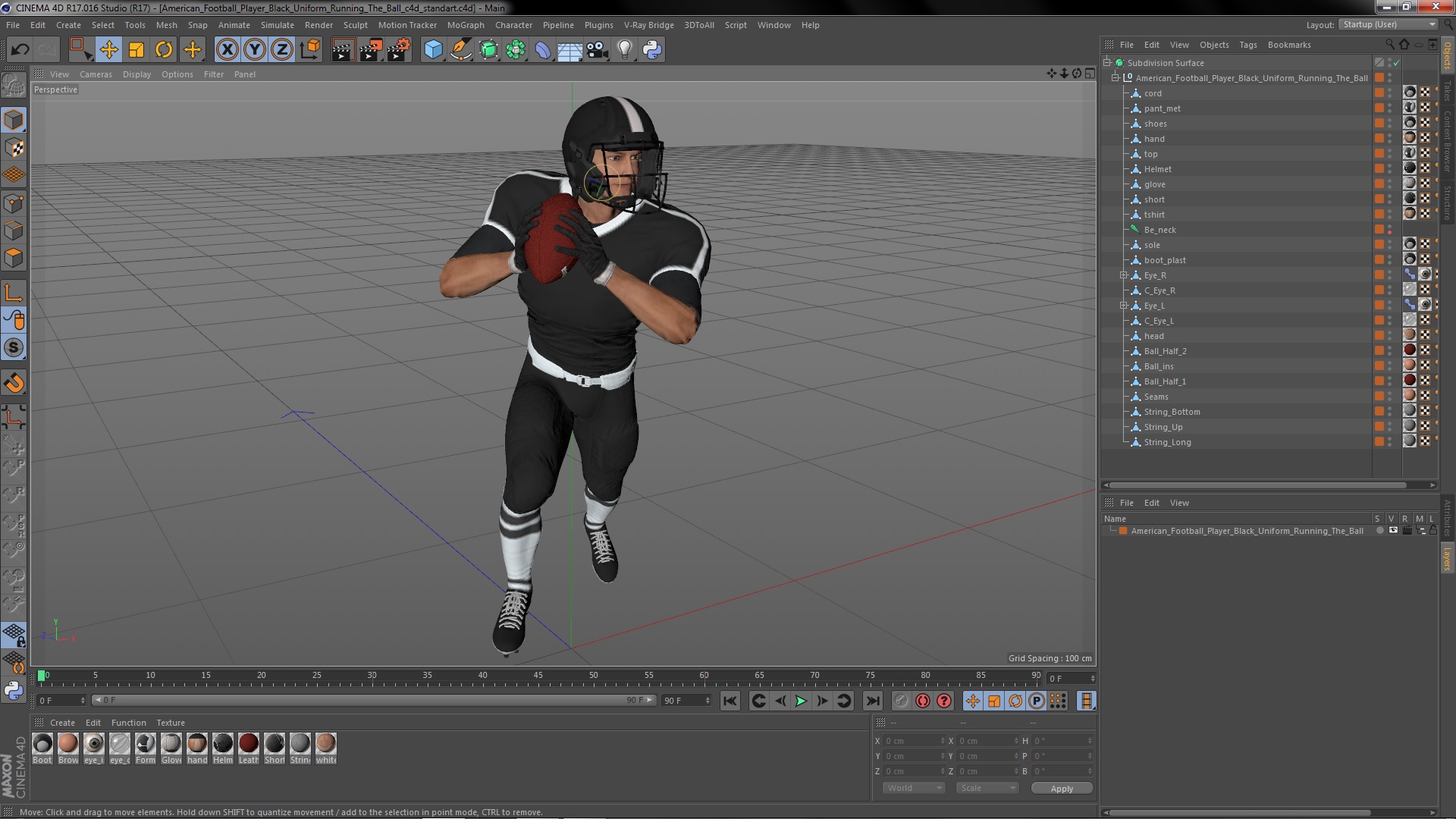 3D model American Football Player Black Uniform Running The Ball