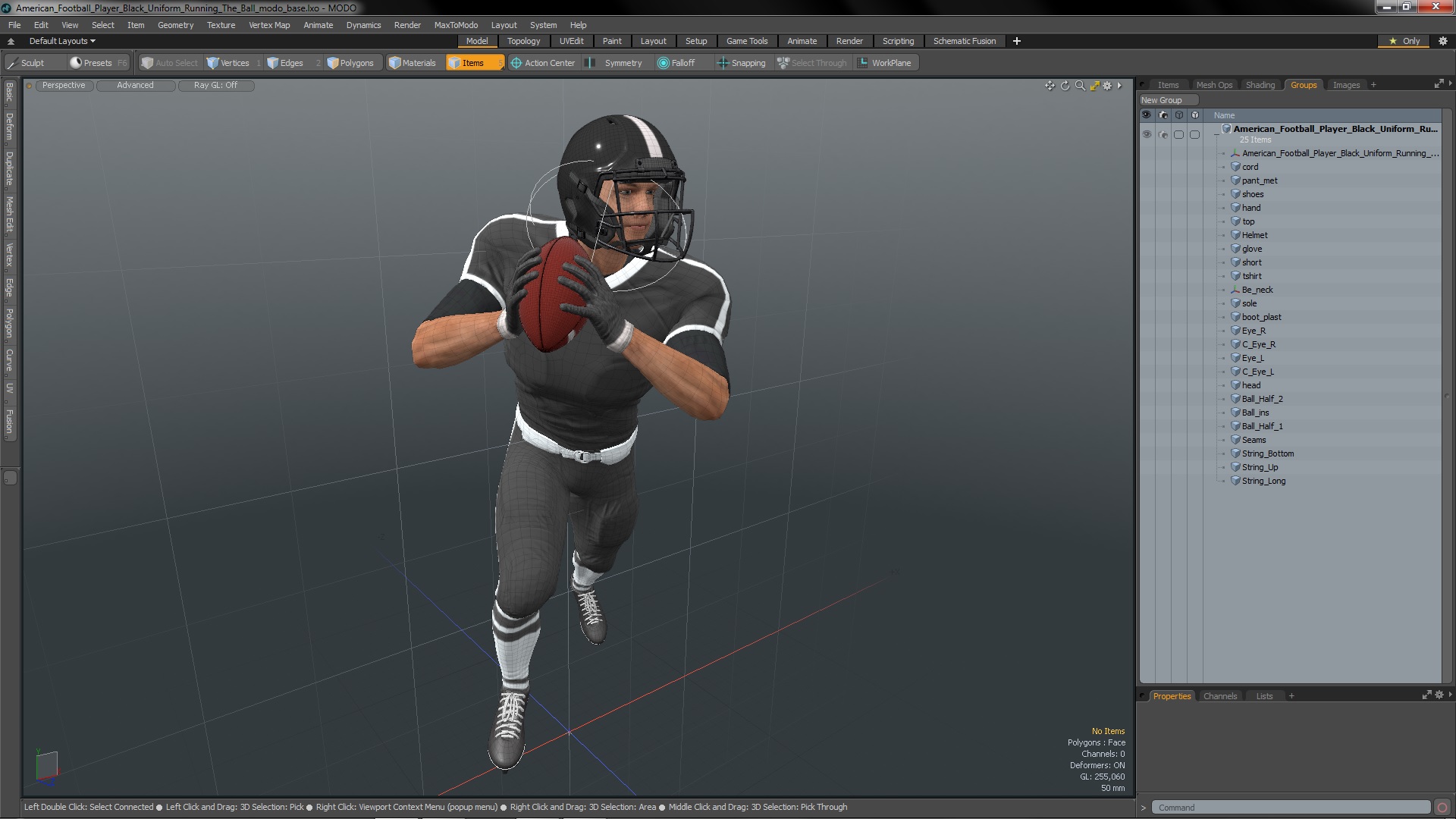 3D model American Football Player Black Uniform Running The Ball