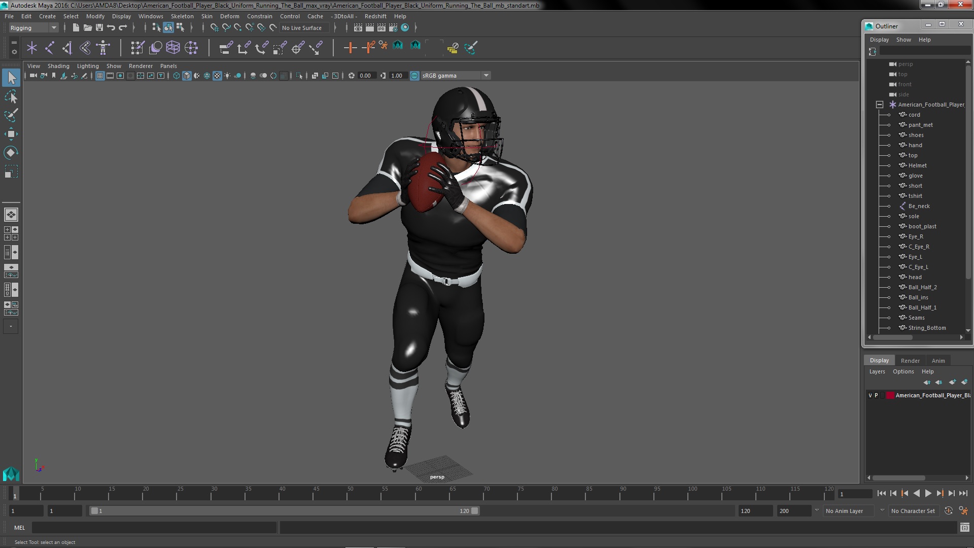 3D model American Football Player Black Uniform Running The Ball