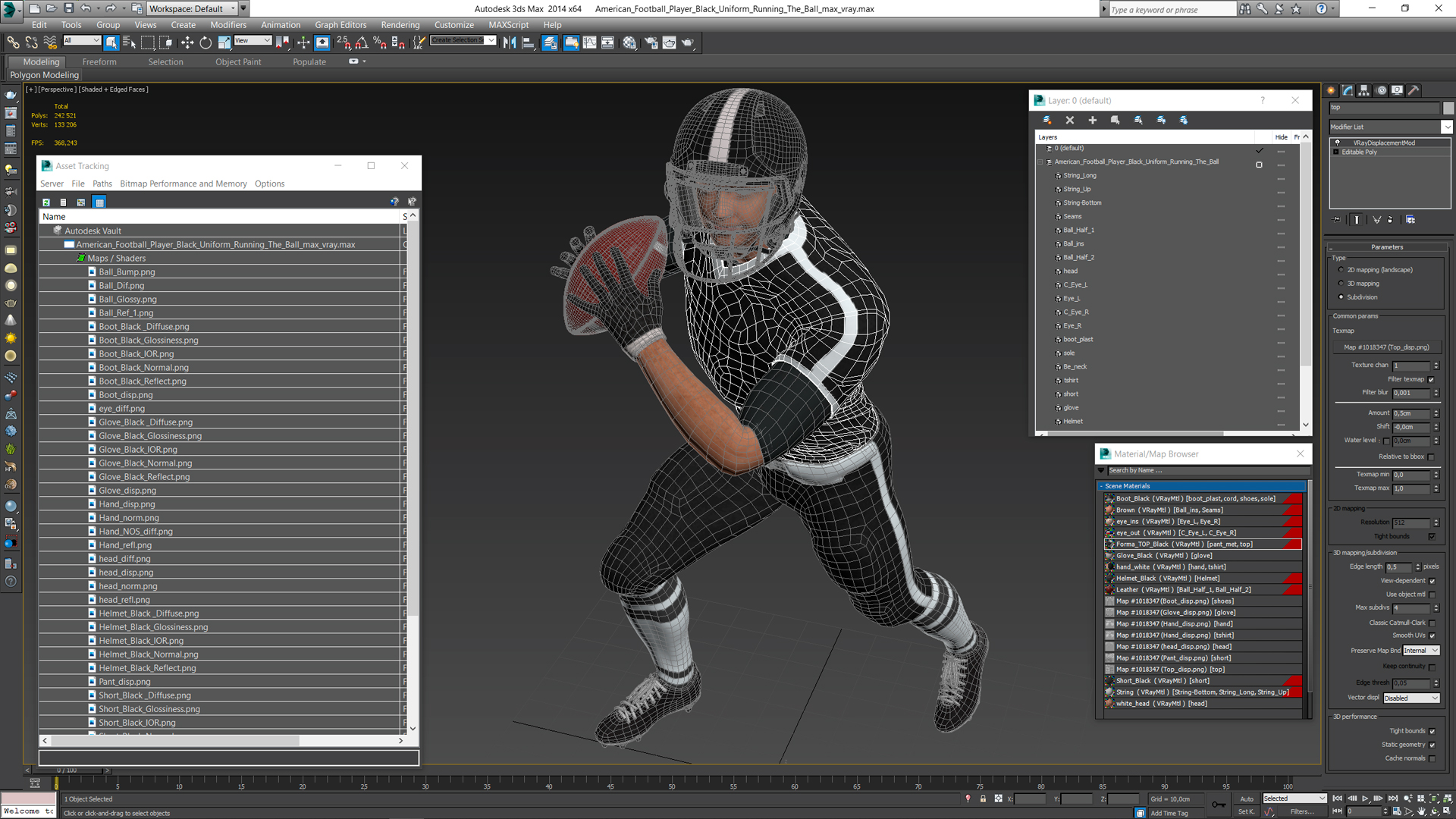 3D model American Football Player Black Uniform Running The Ball