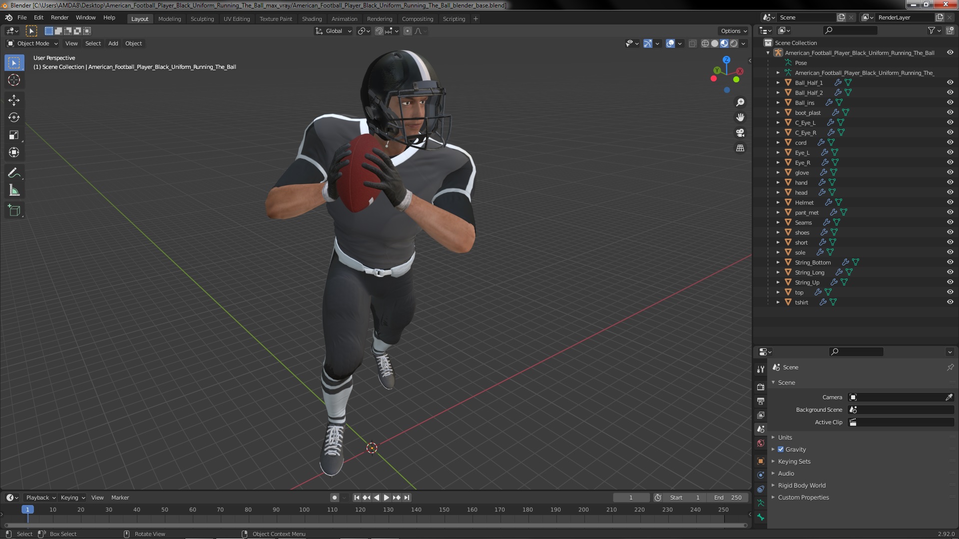 3D model American Football Player Black Uniform Running The Ball