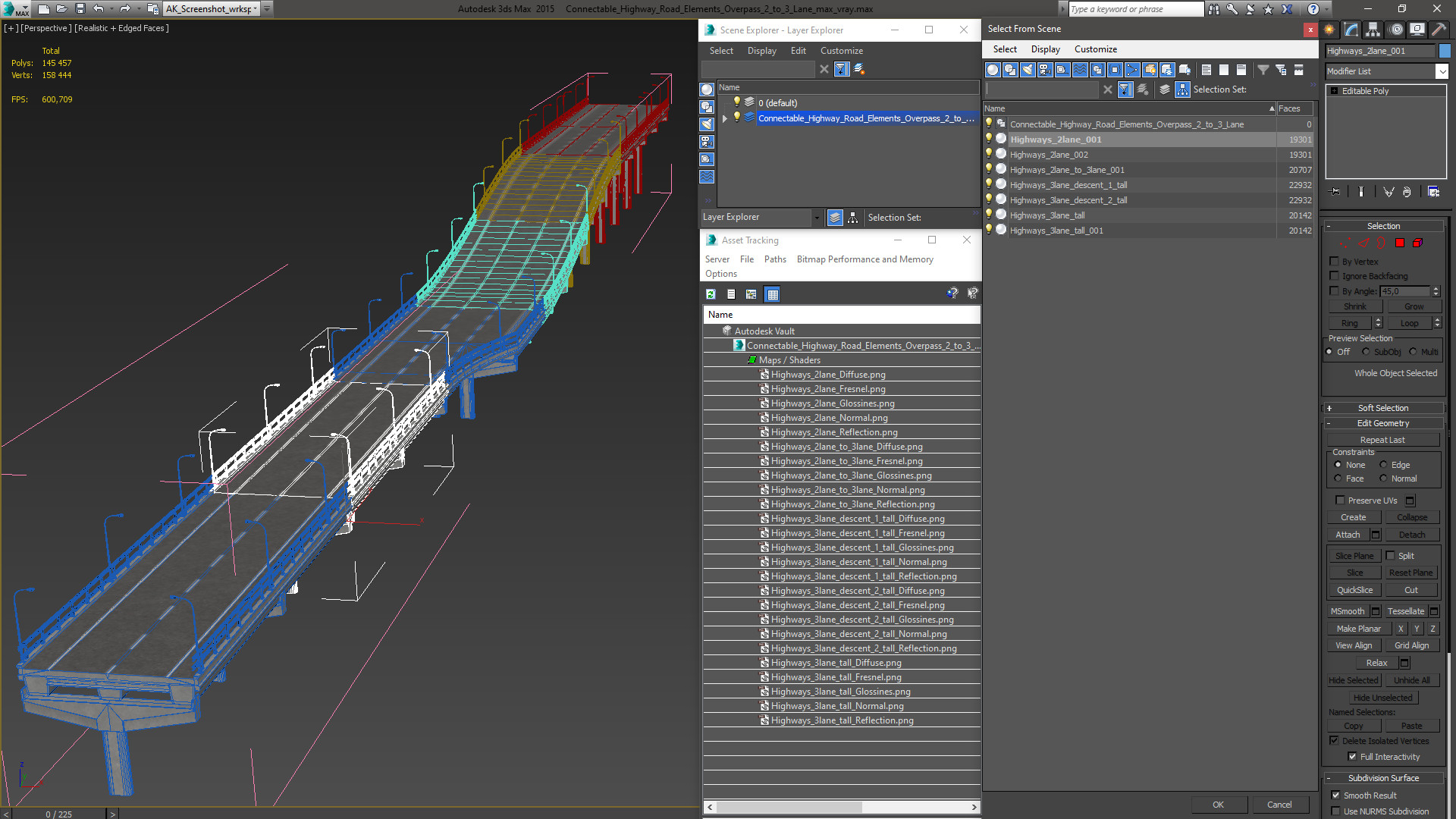 Connectable Highway Road Elements Overpass 2 to 3 Lane 3D model