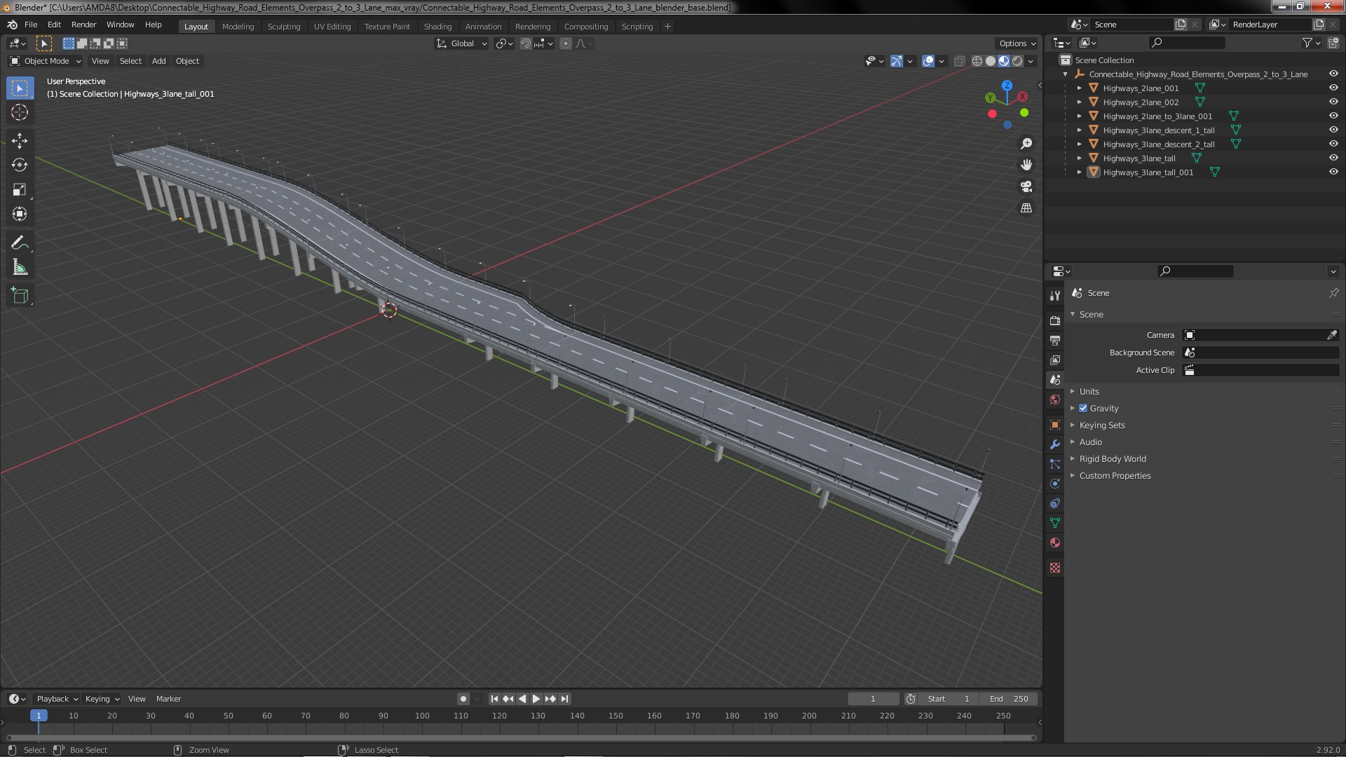 Connectable Highway Road Elements Overpass 2 to 3 Lane 3D model