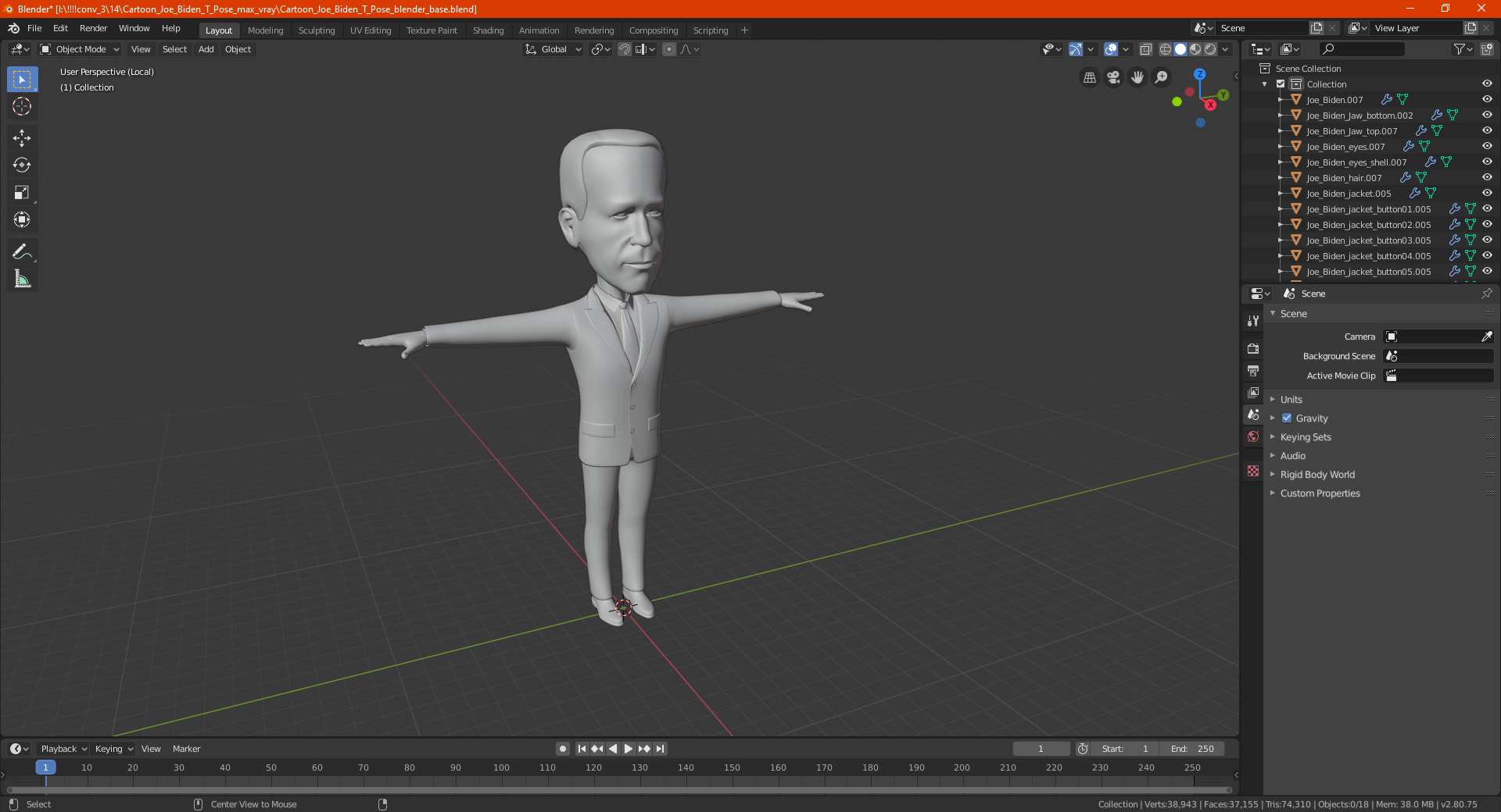 Cartoon Joe Biden T Pose 3D model